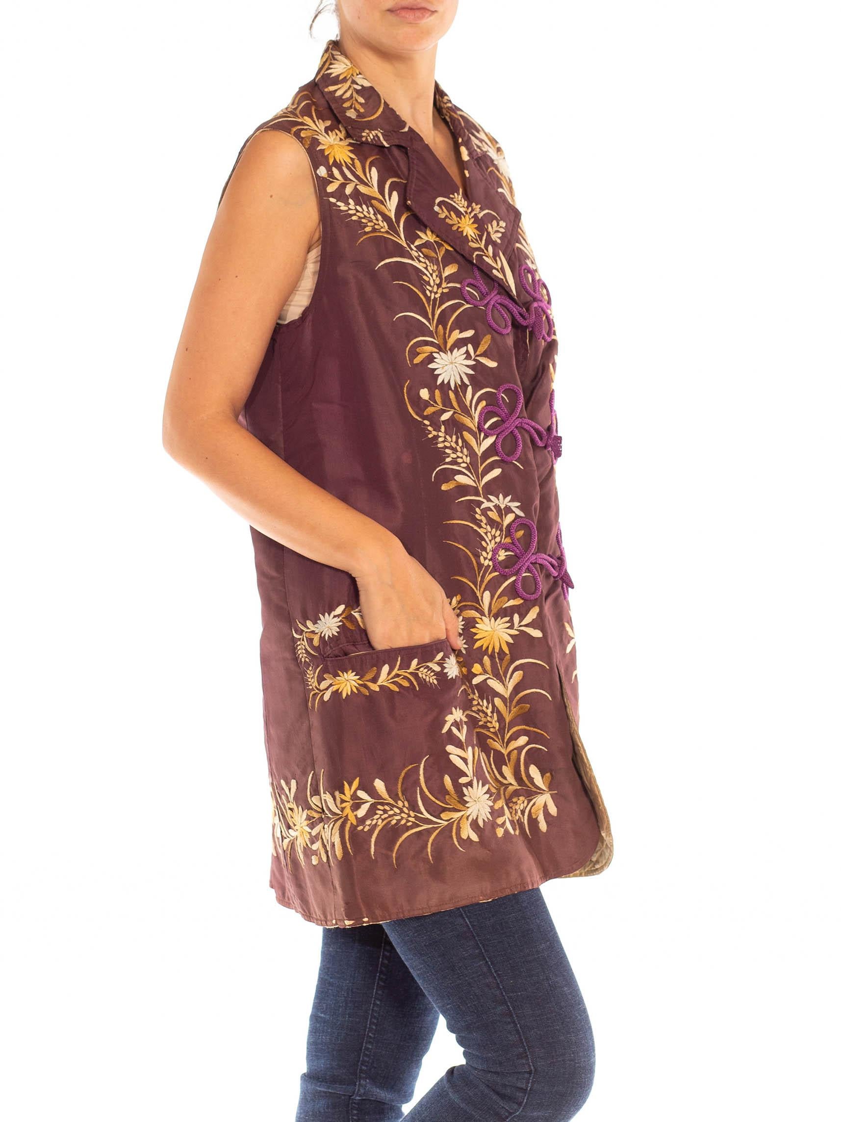 Women's Victorian Egg Plant & Gold Floral Embroidered Silk Quilted Vest For Sale