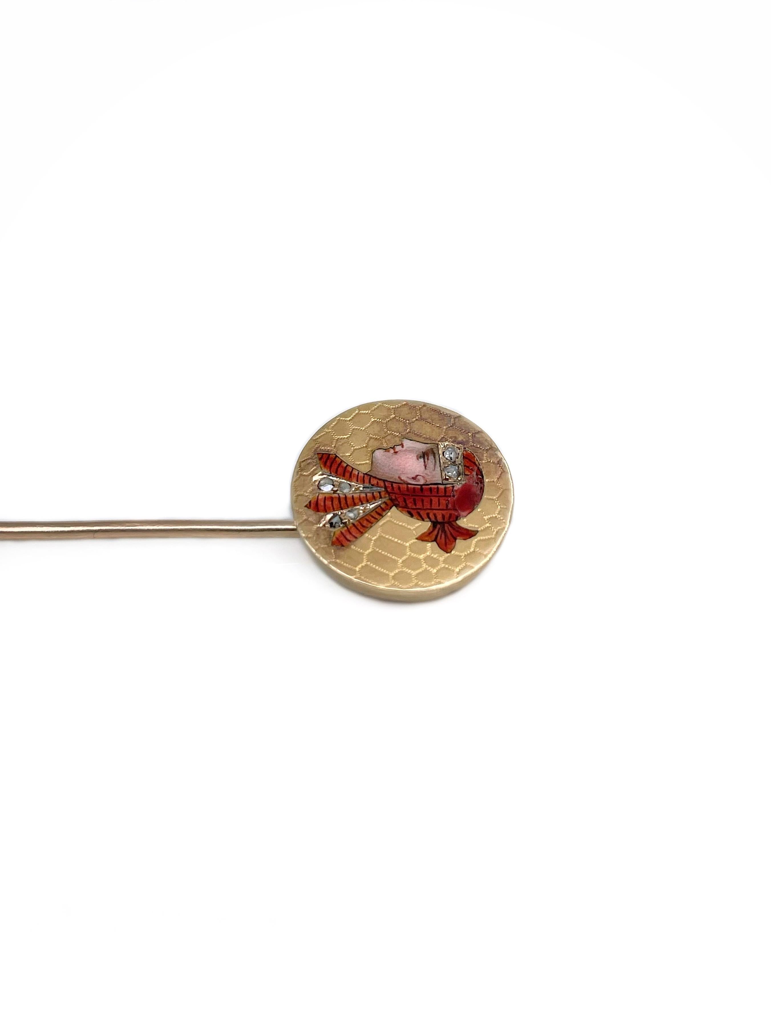 This is a Victorian Egyptian Revival stick pin brooch crafted in 18K gold. Circa 1890. 

The piece depicts a portrait made in red enamel and rose cut diamonds. 

Weight: 3.32g
Length: 7.2m
Diameter: 1.4cm

———

If you have any questions, please feel