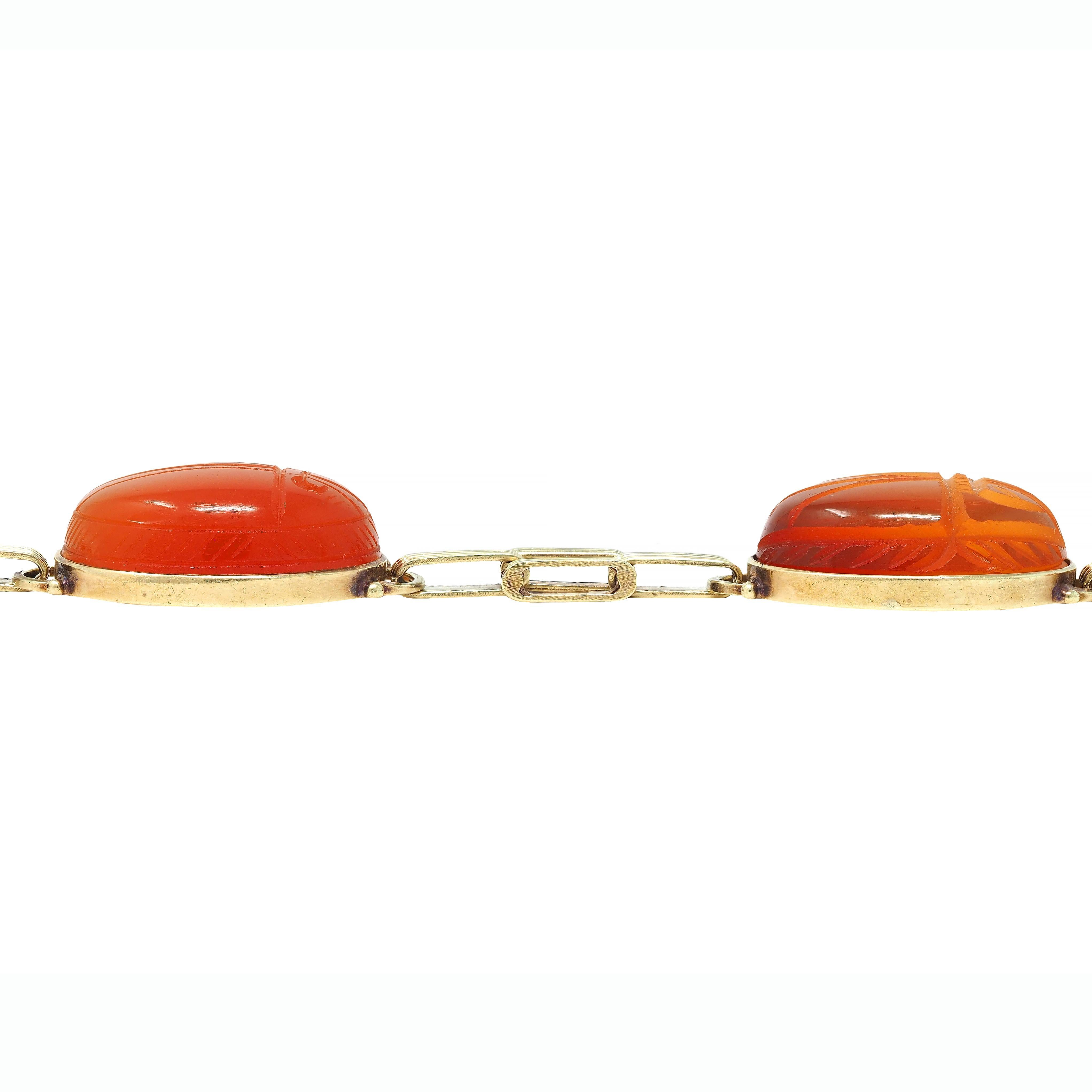 Victorian Egyptian Revival Carnelian 14K Gold Antique Scarab Link Bracelet 6