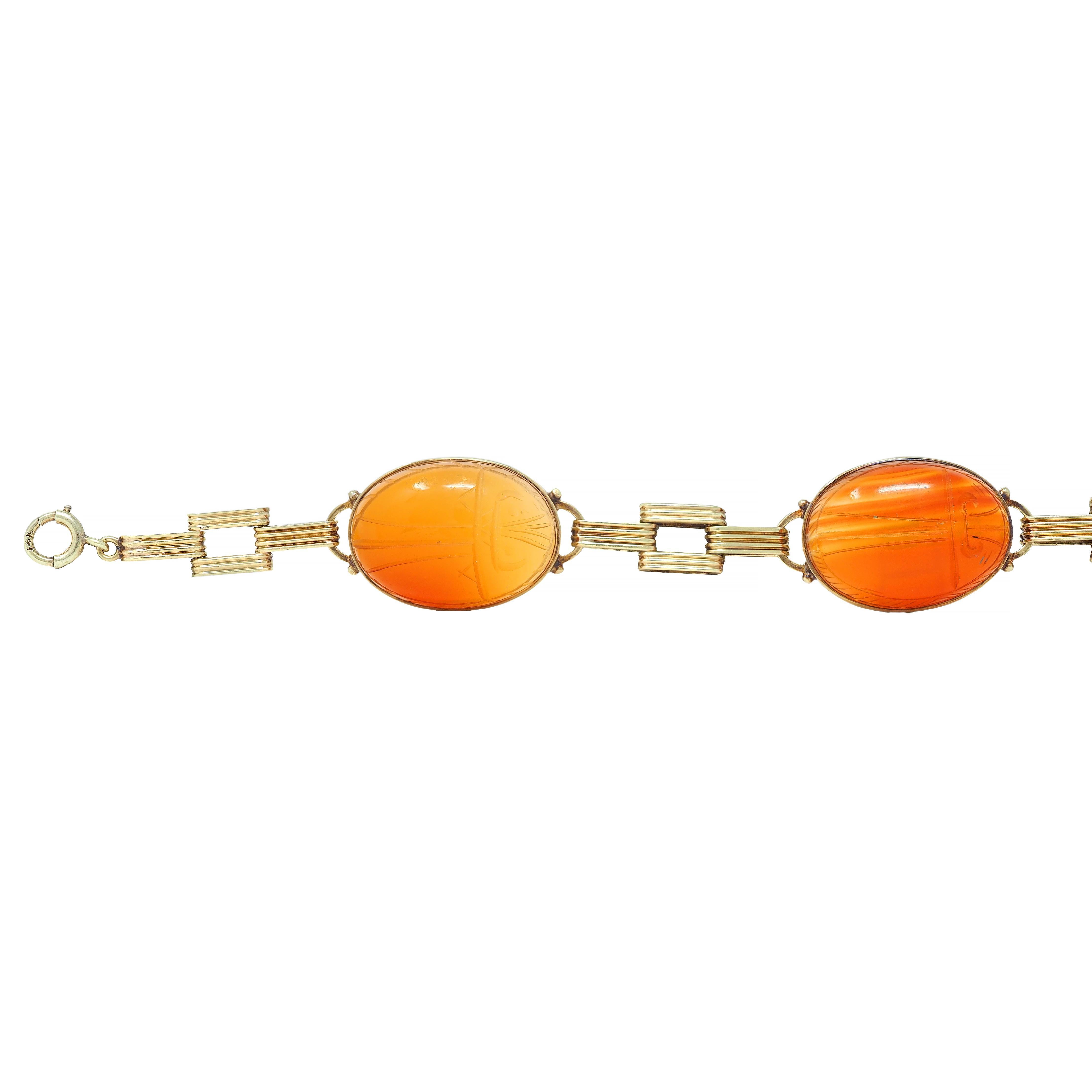 Women's Victorian Egyptian Revival Carnelian 14K Gold Antique Scarab Link Bracelet