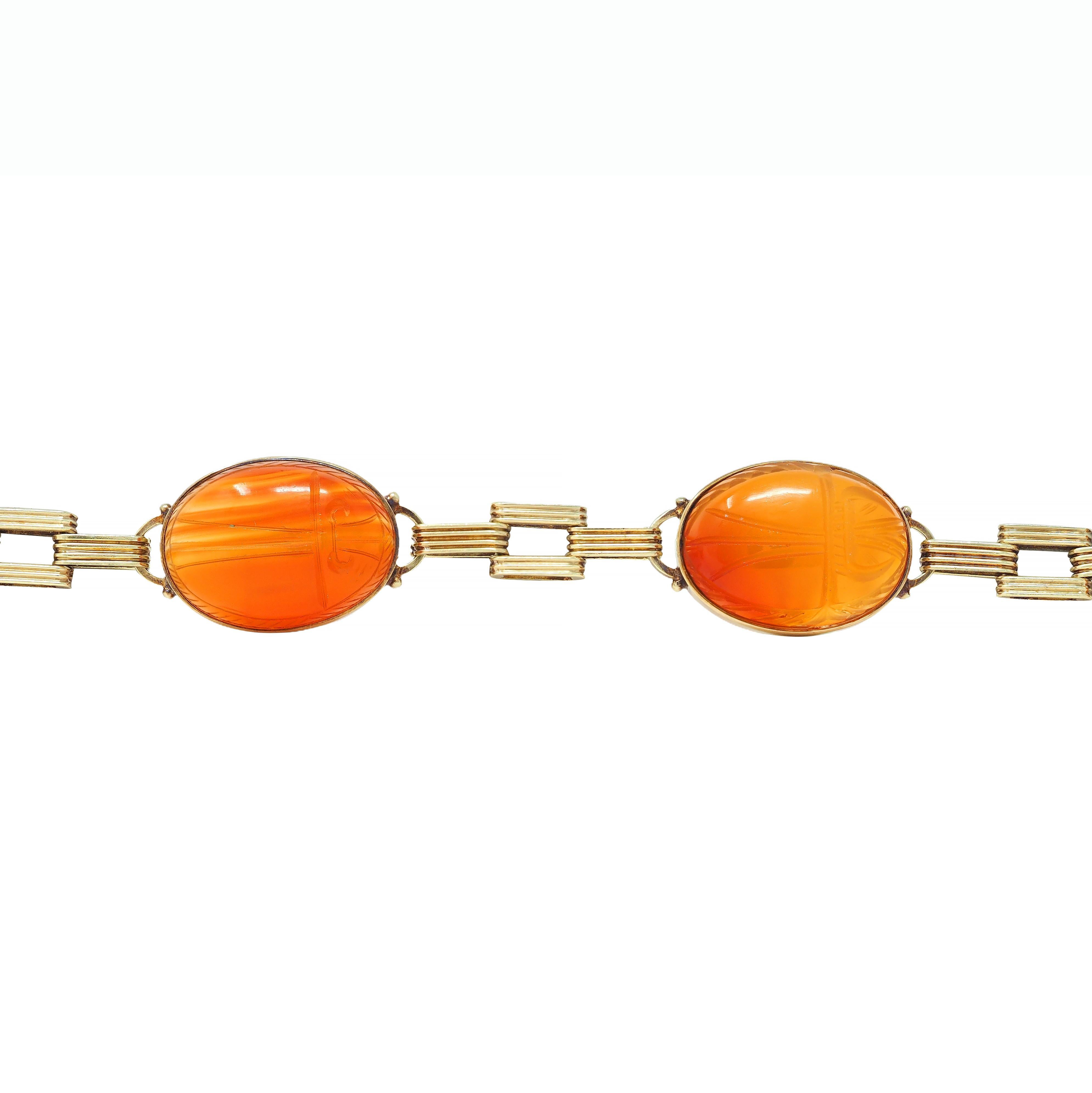 Victorian Egyptian Revival Carnelian 14K Gold Antique Scarab Link Bracelet 1