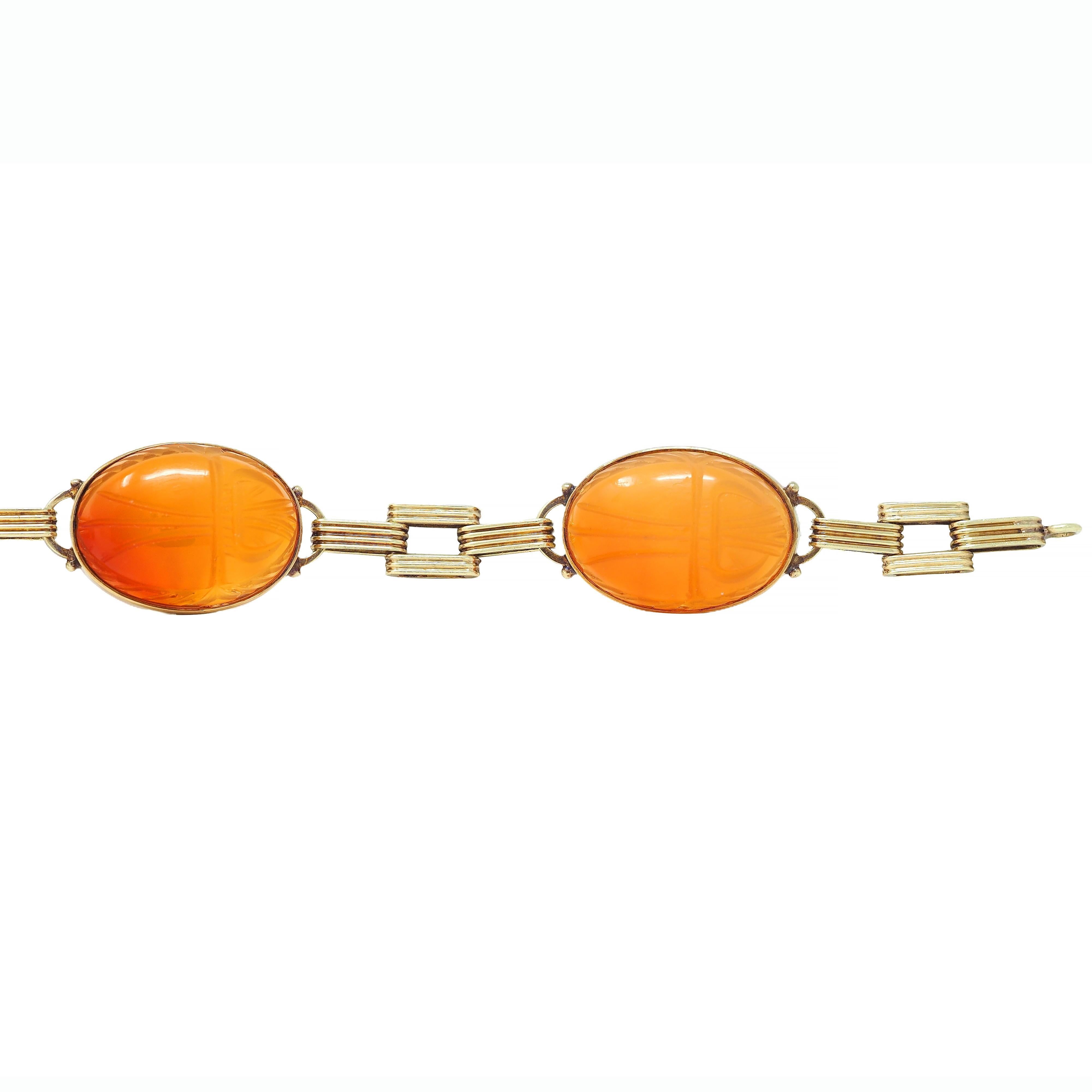 Victorian Egyptian Revival Carnelian 14K Gold Antique Scarab Link Bracelet 2