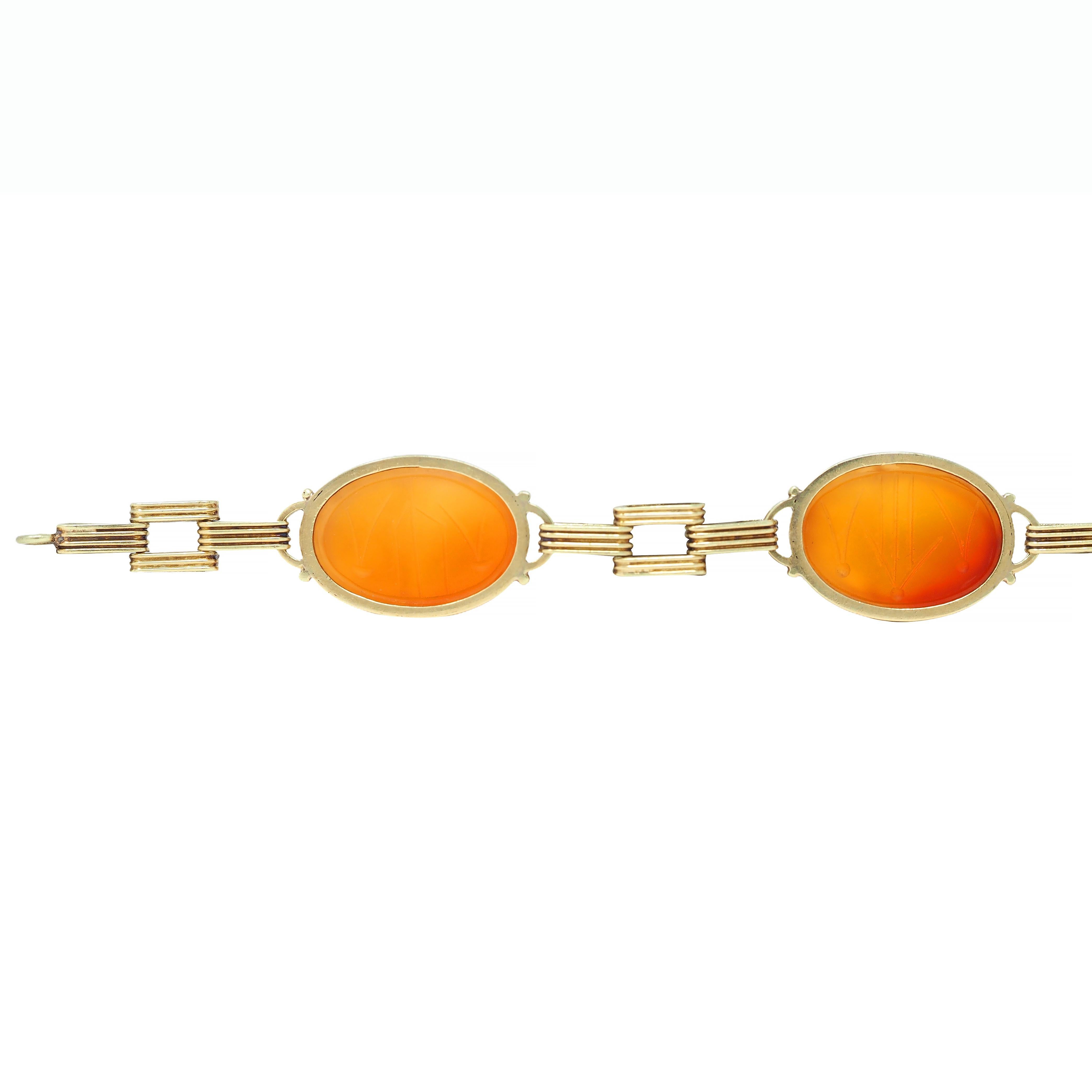 Victorian Egyptian Revival Carnelian 14K Gold Antique Scarab Link Bracelet 3