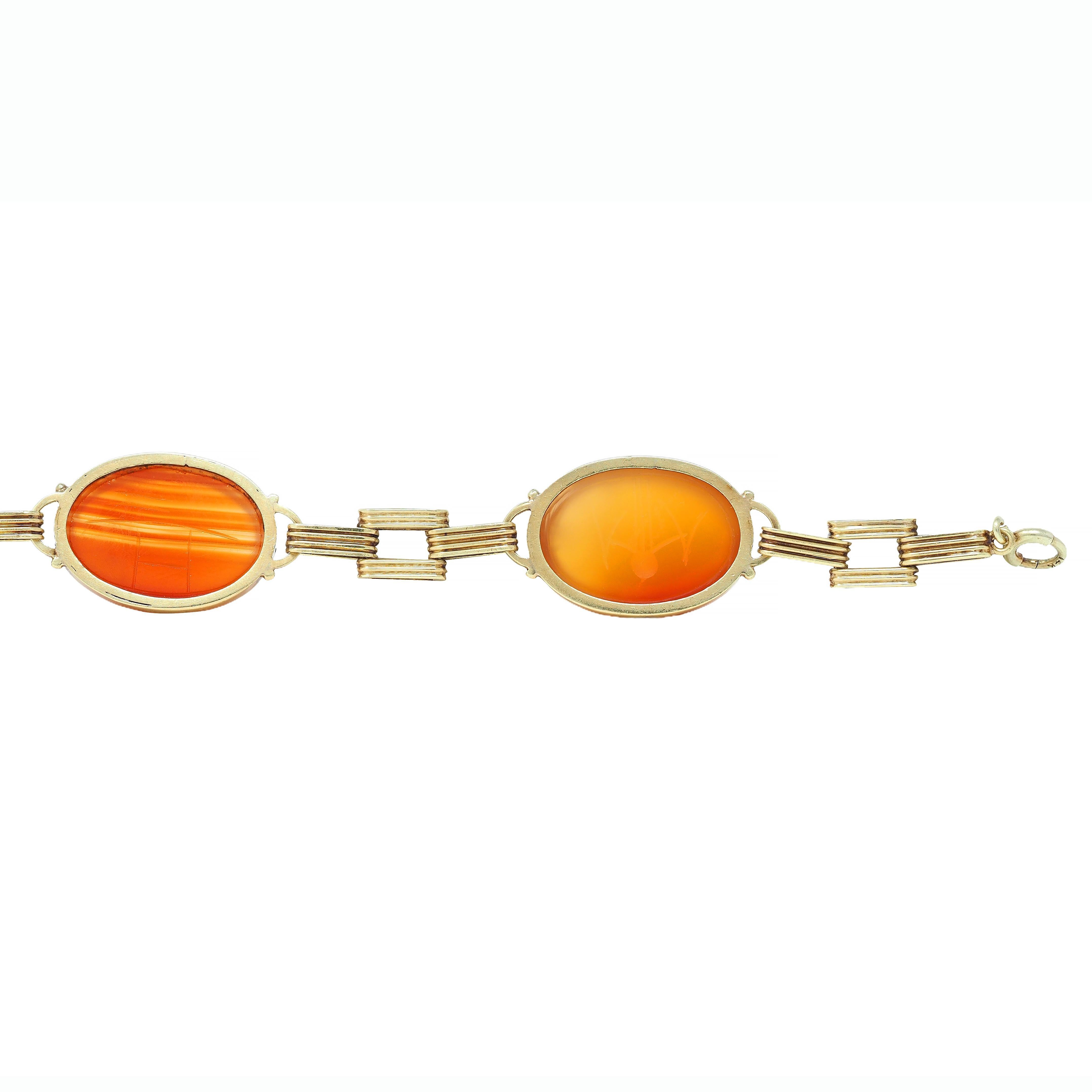 Victorian Egyptian Revival Carnelian 14K Gold Antique Scarab Link Bracelet 5