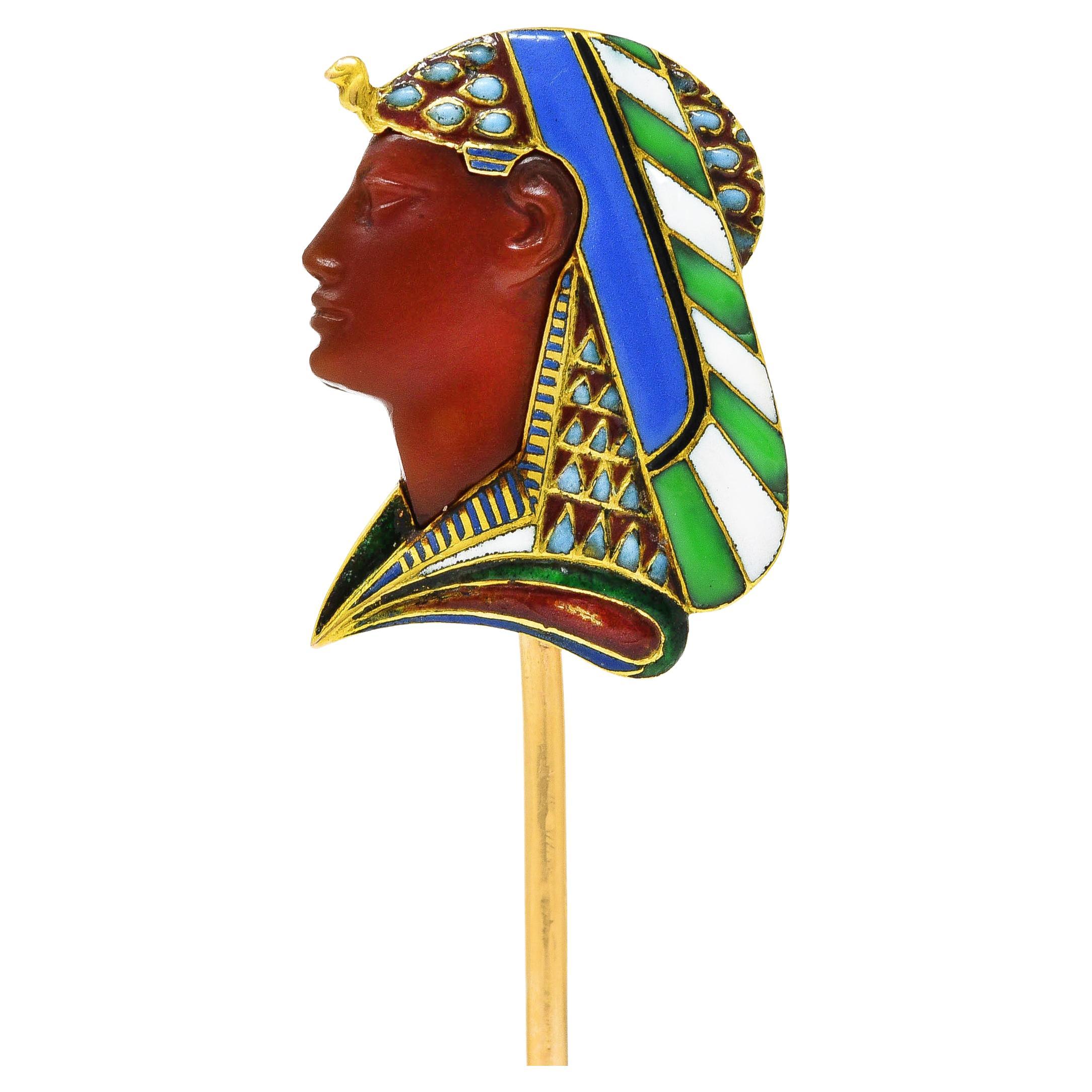 Victorian Egyptian Revival Carnelian Enamel 14 Karat Gold Pharaoh Stick Pin