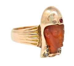 Victorian Egyptian Revival Carnelian Ruby Diamond 14 Karat Gold Pharaoh Ring