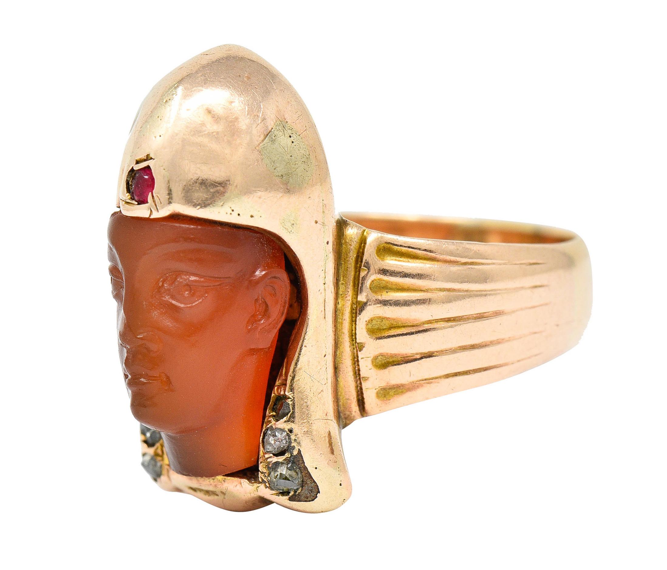 Rose Cut Victorian Egyptian Revival Carnelian Ruby Diamond 14 Karat Gold Pharaoh Ring