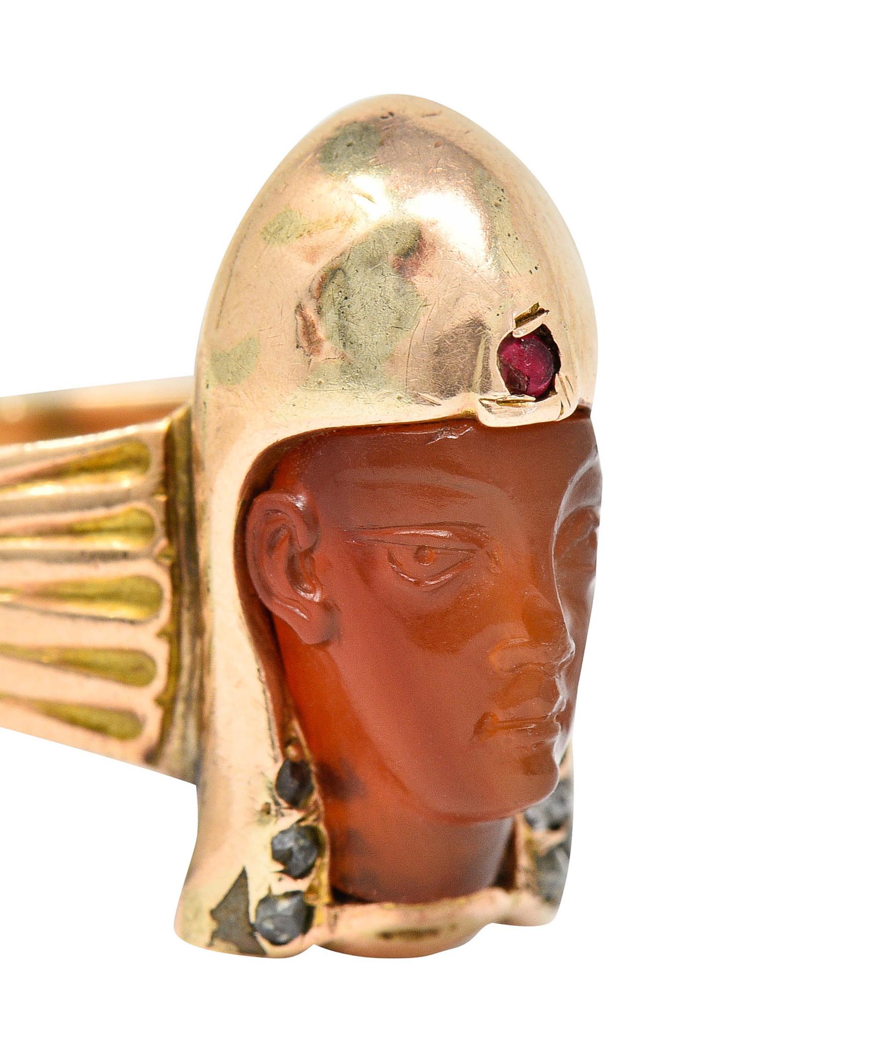 Victorian Egyptian Revival Carnelian Ruby Diamond 14 Karat Gold Pharaoh Ring In Excellent Condition In Philadelphia, PA