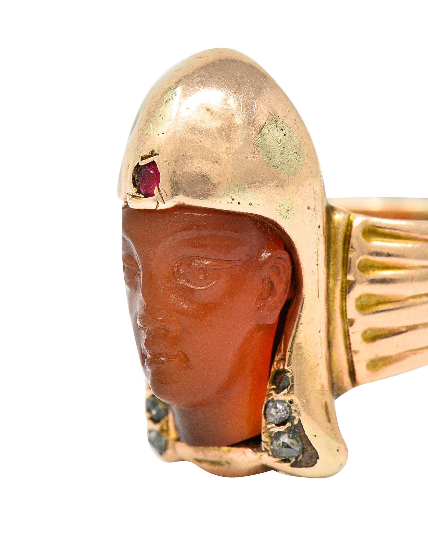 Women's or Men's Victorian Egyptian Revival Carnelian Ruby Diamond 14 Karat Gold Pharaoh Ring