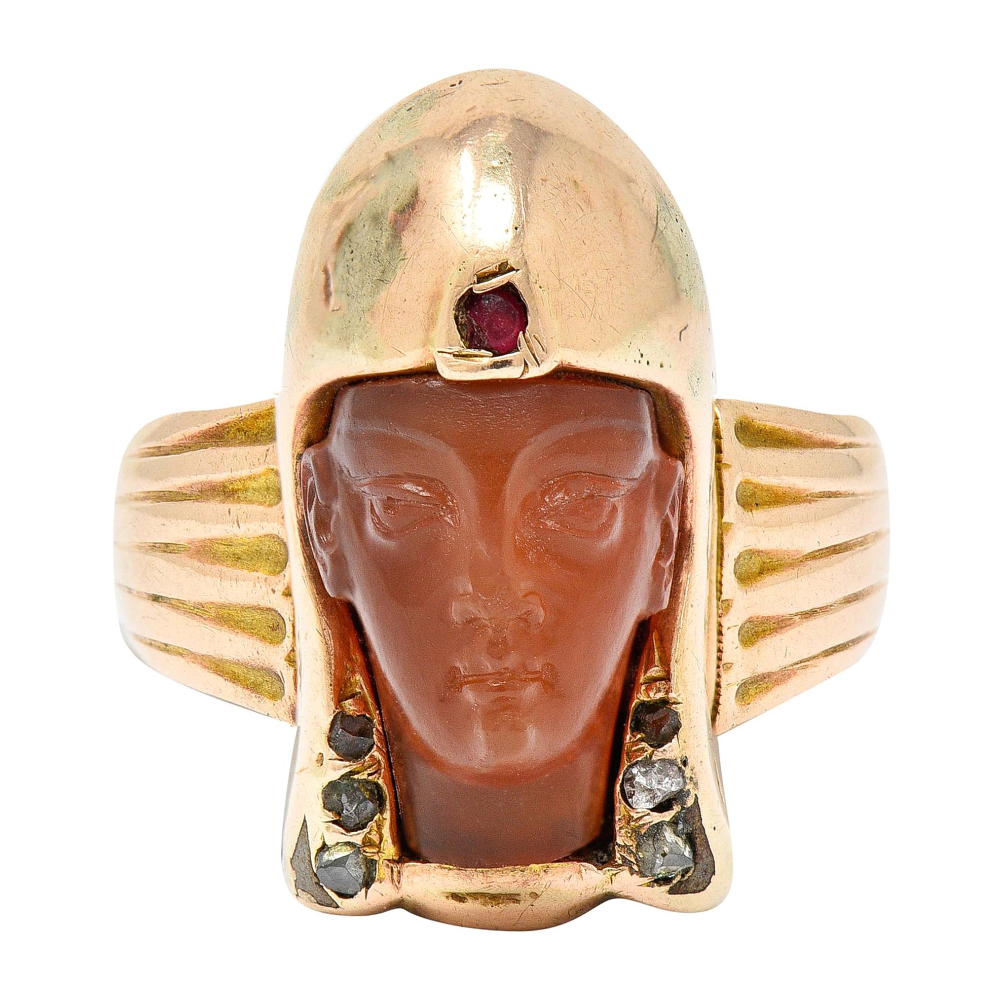 Victorian Egyptian Revival Carnelian Ruby Diamond 14 Karat Gold Pharaoh Ring