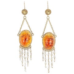 Antique Victorian Egyptian Revival Carved Amber Scarab Pearl Yellow Gold Drop Earrings