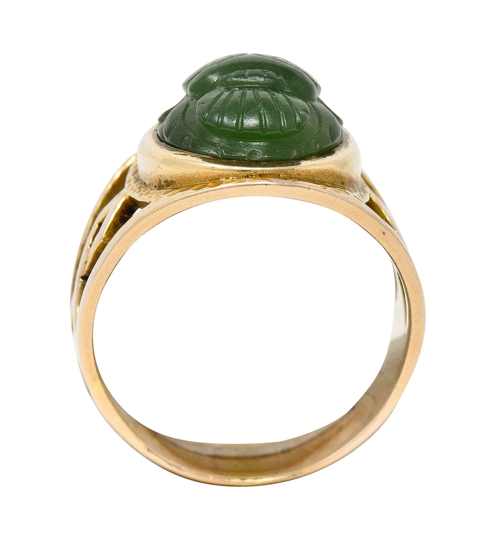Victorian Egyptian Revival Carved Nephrite 14 Karat Gold Antique Scarab Ring 5