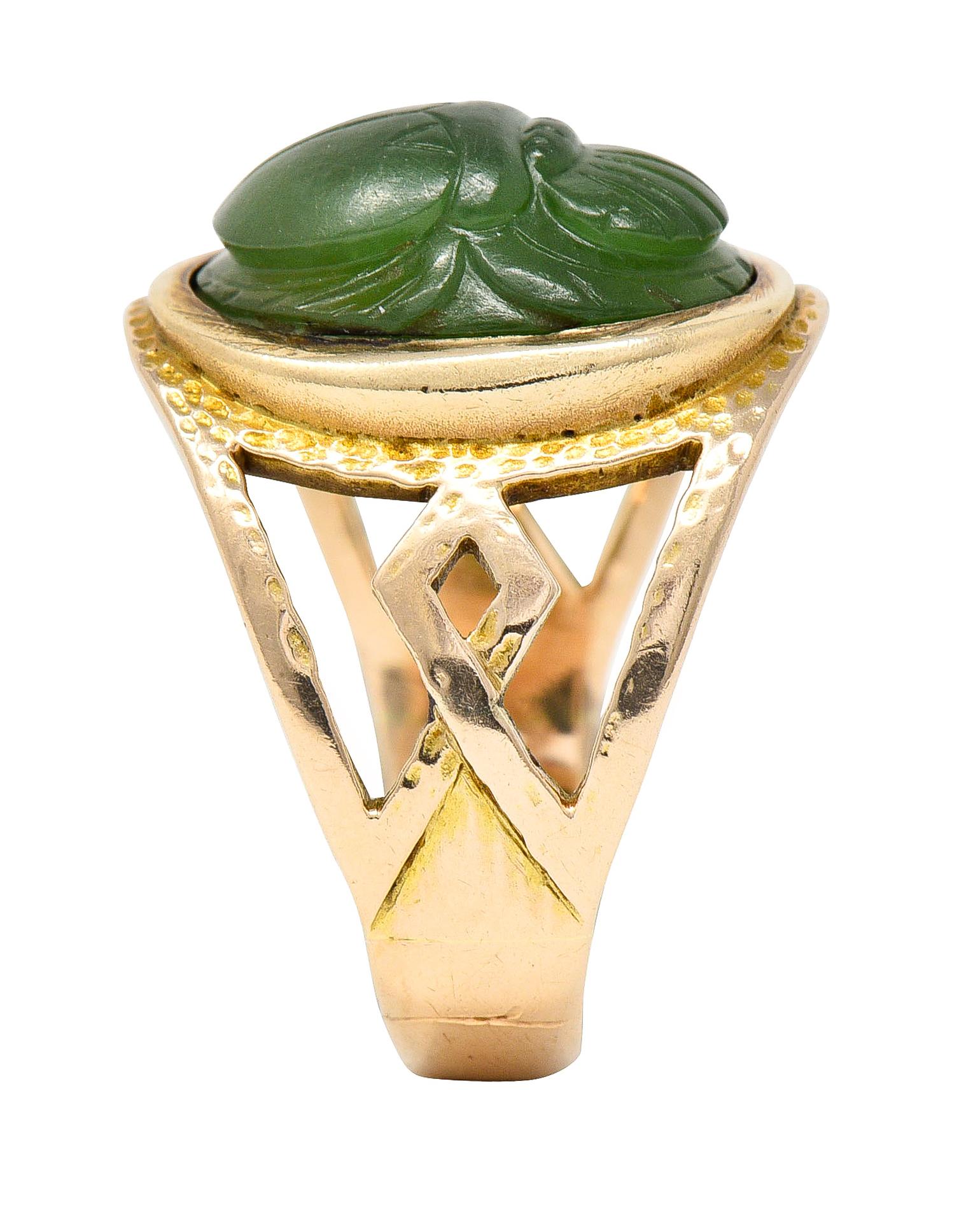 Victorian Egyptian Revival Carved Nephrite 14 Karat Gold Antique Scarab Ring 6