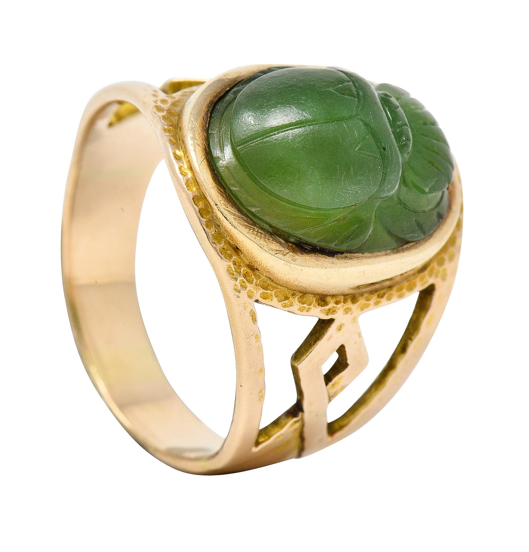 Victorian Egyptian Revival Carved Nephrite 14 Karat Gold Antique Scarab Ring 7