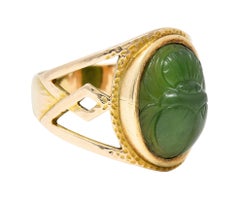 Victorian Egyptian Revival Carved Nephrite 14 Karat Gold Antique Scarab Ring
