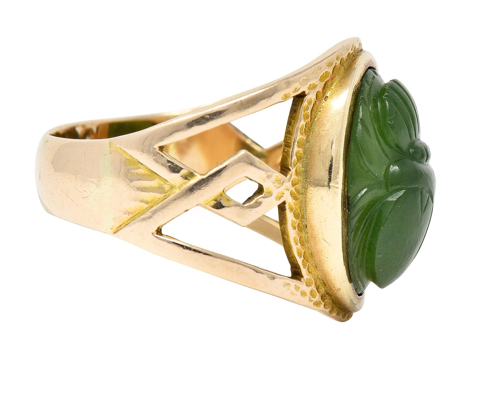 Cabochon Victorian Egyptian Revival Carved Nephrite 14 Karat Gold Antique Scarab Ring