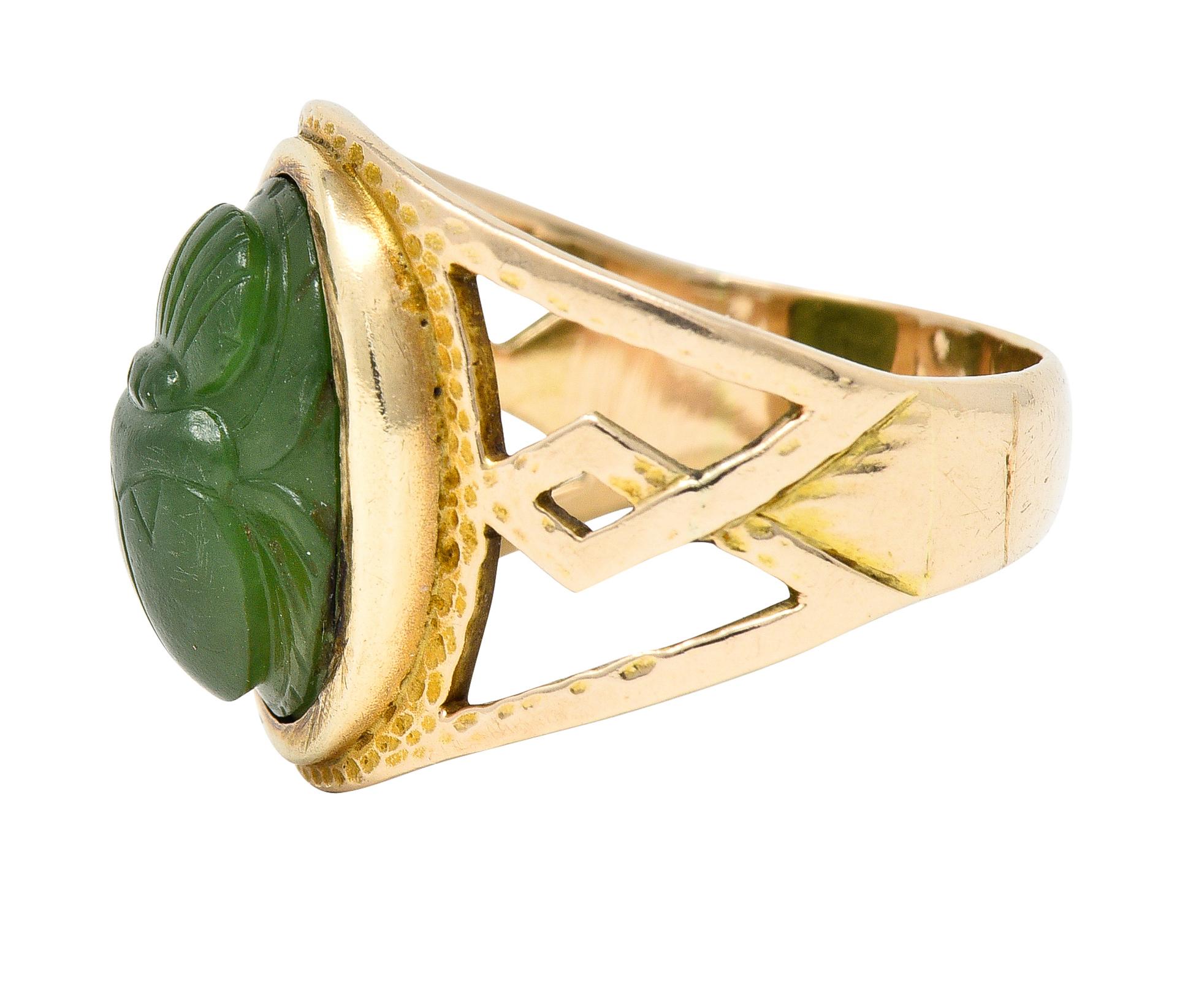 Women's or Men's Victorian Egyptian Revival Carved Nephrite 14 Karat Gold Antique Scarab Ring