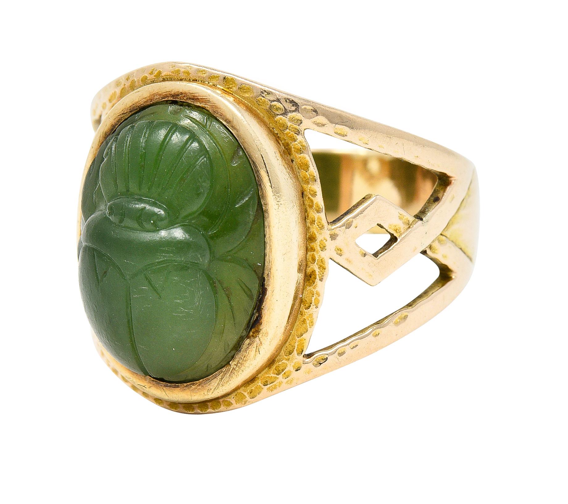 Victorian Egyptian Revival Carved Nephrite 14 Karat Gold Antique Scarab Ring 1