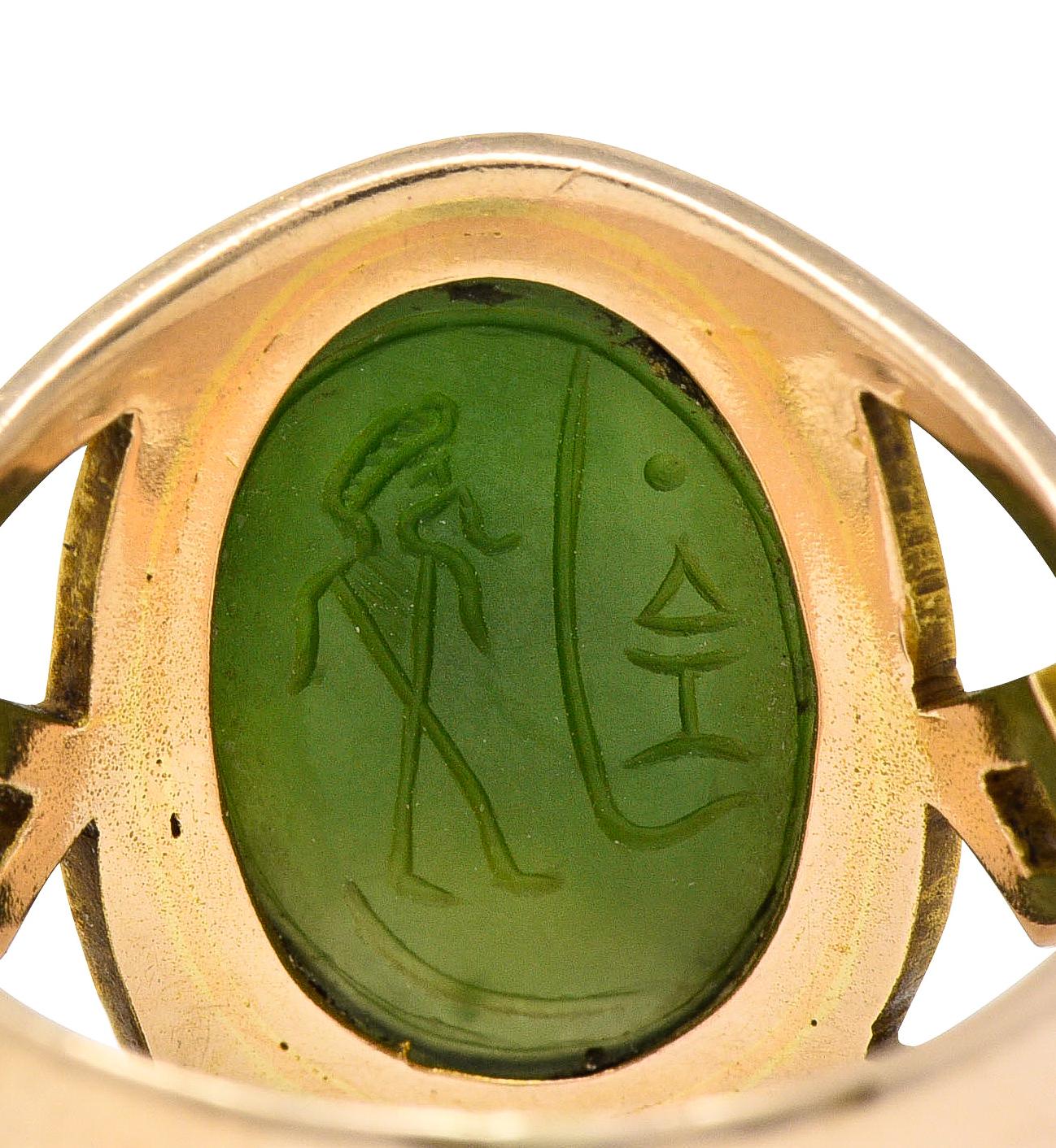 Victorian Egyptian Revival Carved Nephrite 14 Karat Gold Antique Scarab Ring 2