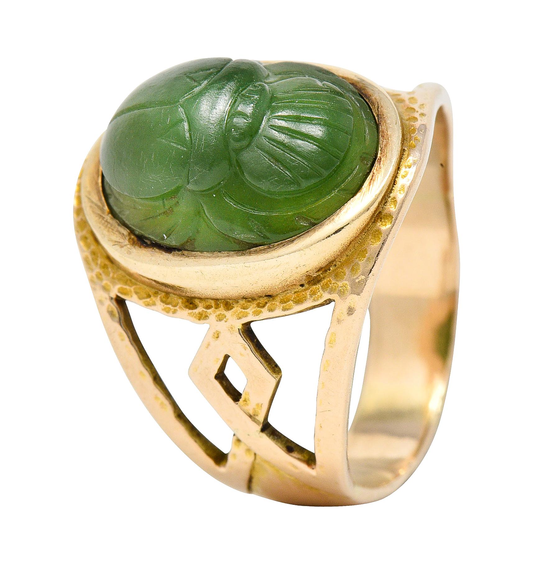 Victorian Egyptian Revival Carved Nephrite 14 Karat Gold Antique Scarab Ring 3