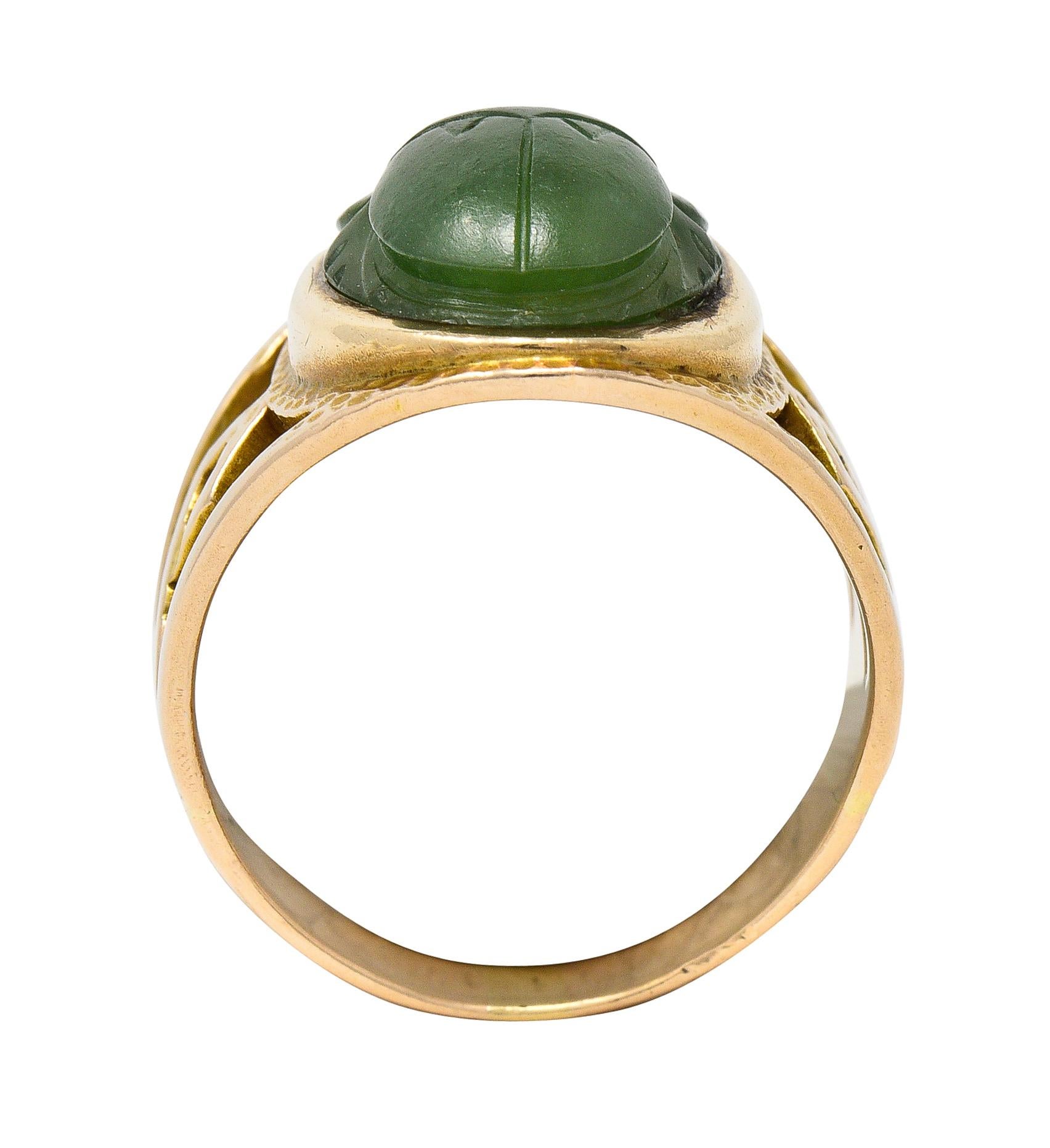 Victorian Egyptian Revival Carved Nephrite 14 Karat Gold Antique Scarab Ring 4