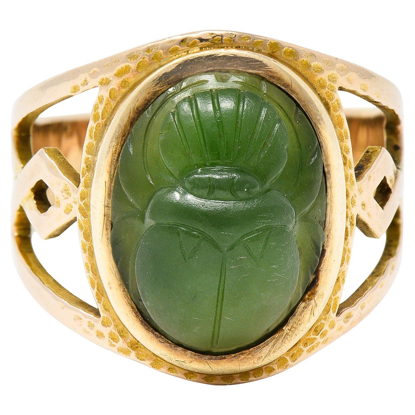 Victorian Egyptian Revival Carved Nephrite 14 Karat Gold Antique Scarab Ring