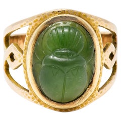 Victorian Egyptian Revival Carved Nephrite 14 Karat Gold Antique Scarab Ring