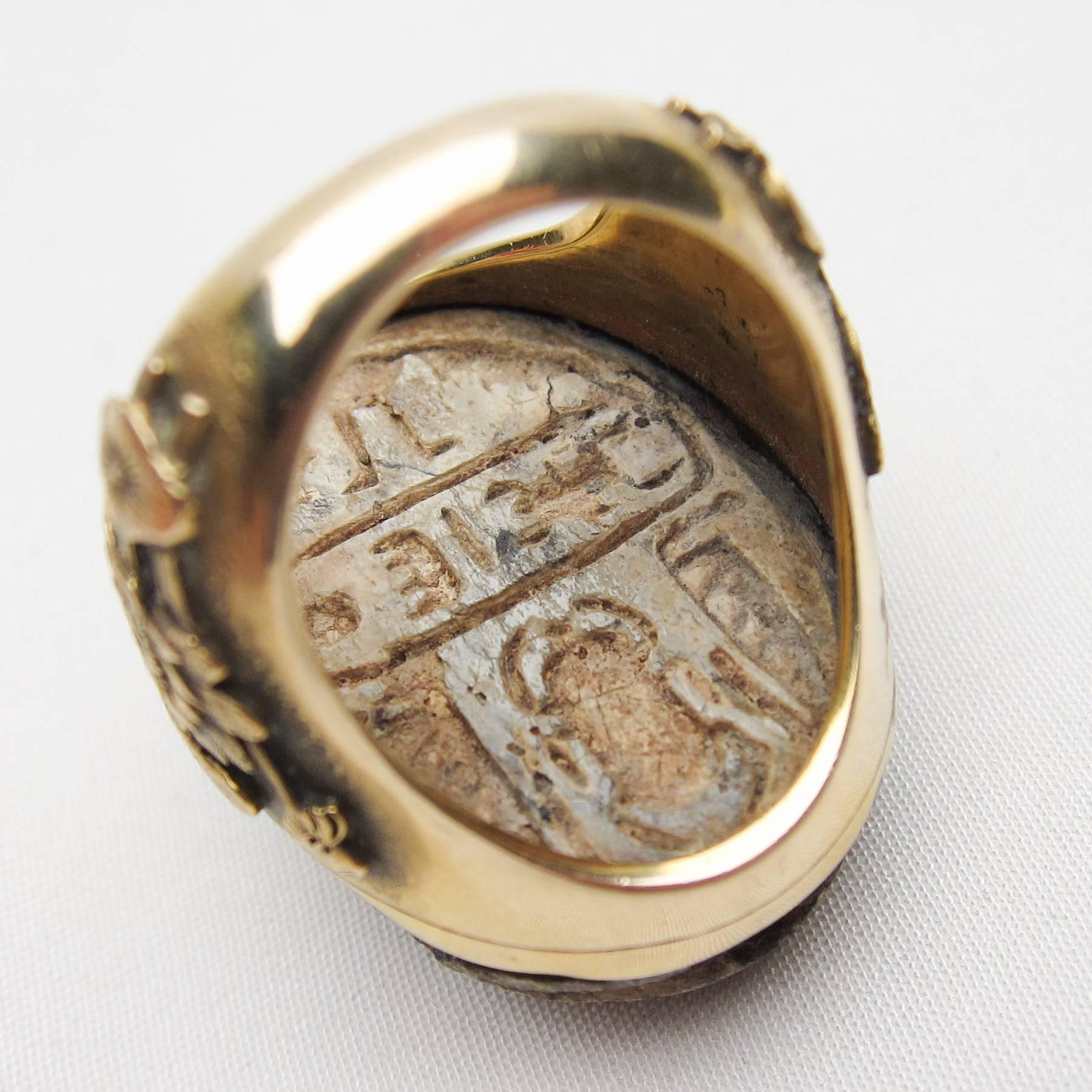 Victorian Egyptian Revival Carved Scarab 18 Karat Gold Cocktail Ring 2