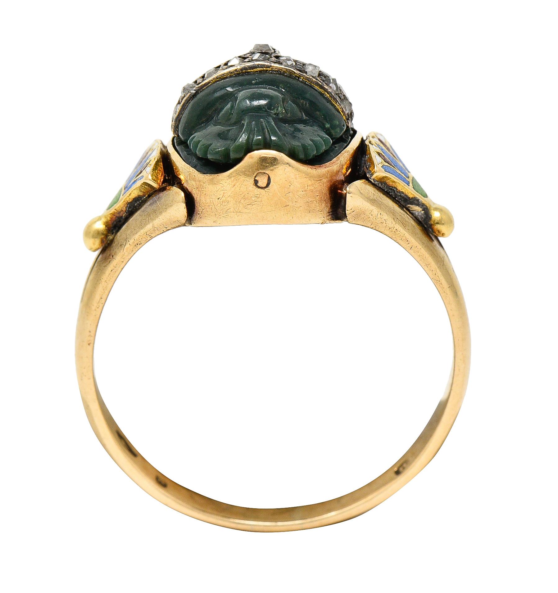Victorian Egyptian Revival Diamond Enamel Nephrite 14 Karat Gold Scarab Ring For Sale 5