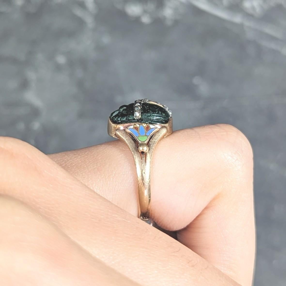 Victorian Egyptian Revival Diamond Enamel Nephrite 14 Karat Gold Scarab Ring For Sale 7