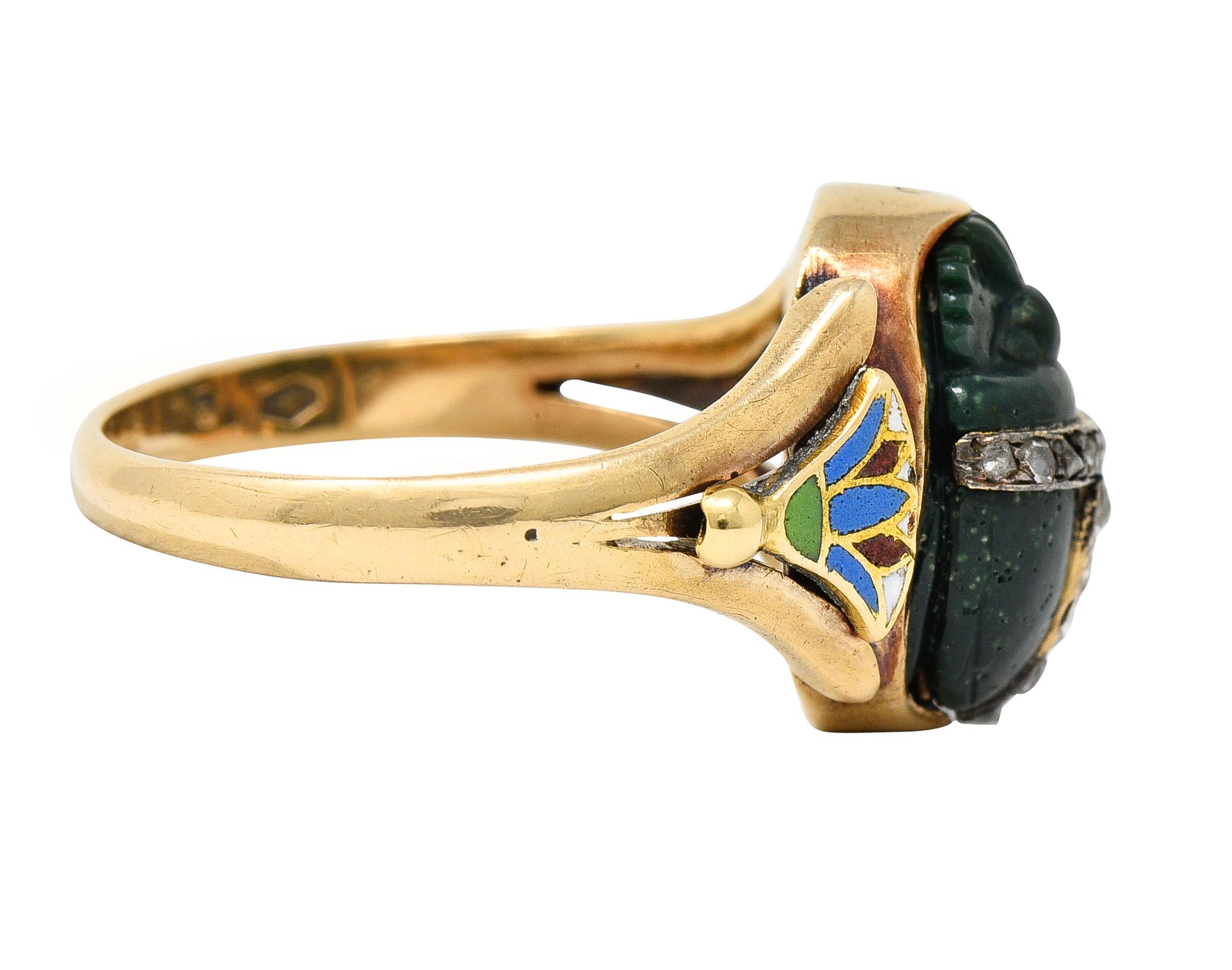 Rose Cut Victorian Egyptian Revival Diamond Enamel Nephrite 14 Karat Gold Scarab Ring For Sale