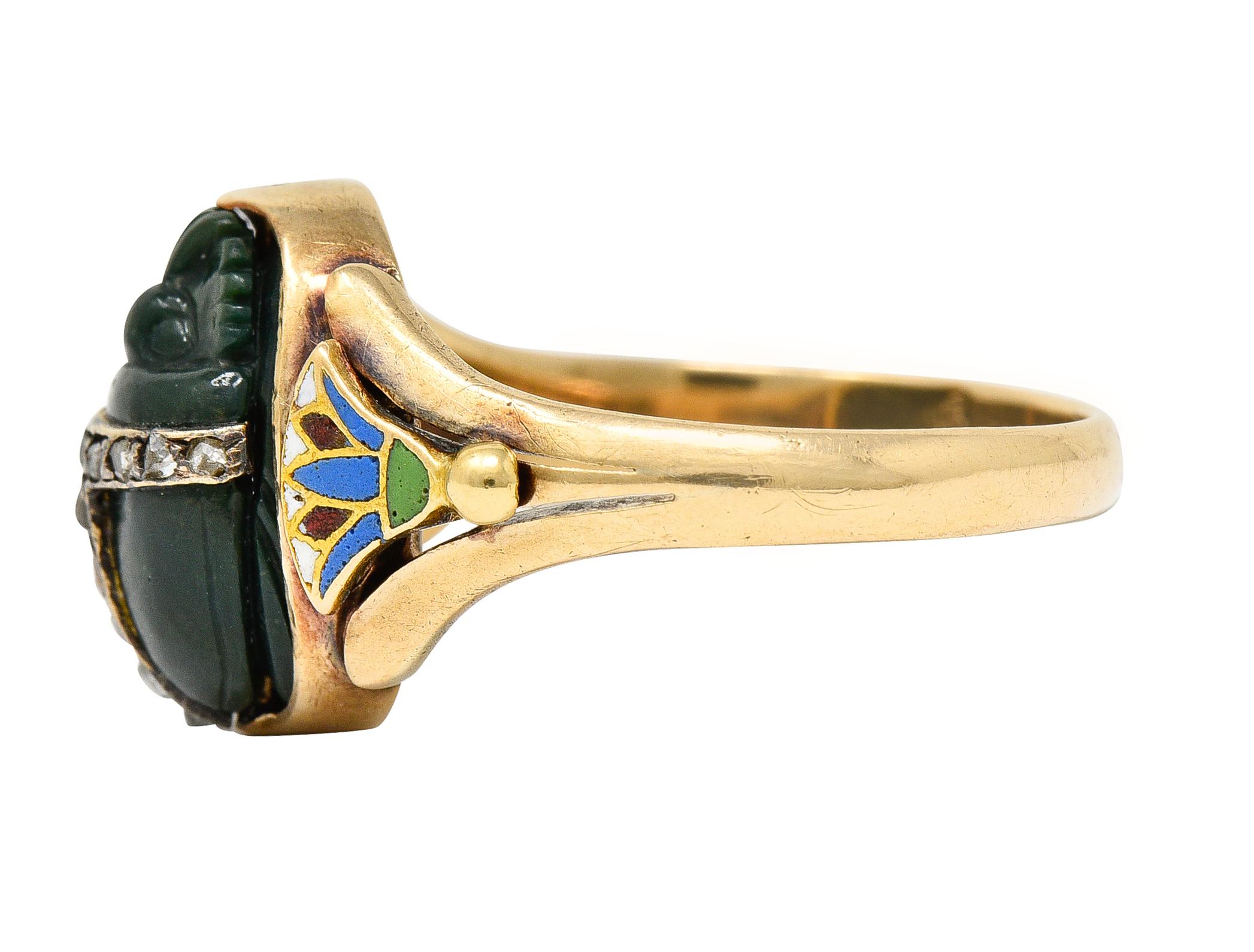 Women's or Men's Victorian Egyptian Revival Diamond Enamel Nephrite 14 Karat Gold Scarab Ring For Sale