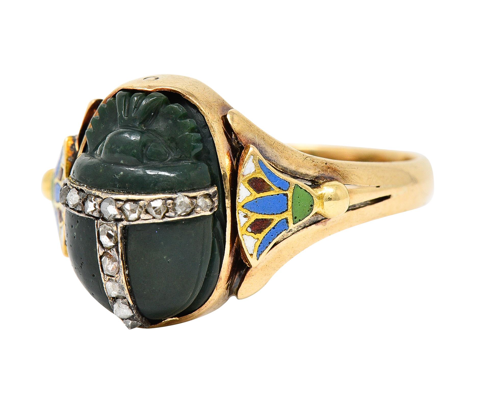 Victorian Egyptian Revival Diamond Enamel Nephrite 14 Karat Gold Scarab Ring For Sale 1