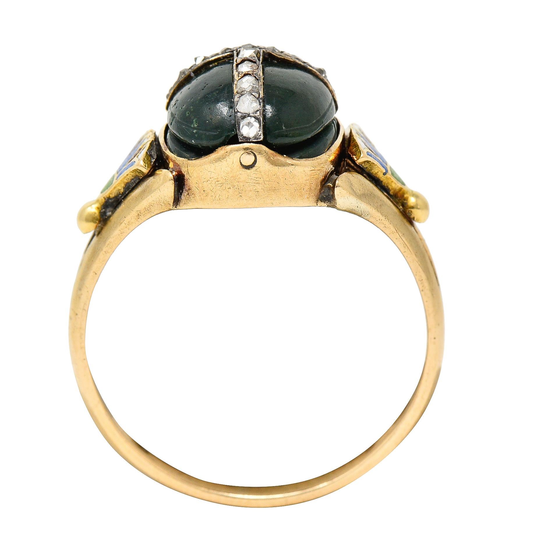 Victorian Egyptian Revival Diamond Enamel Nephrite 14 Karat Gold Scarab Ring For Sale 4