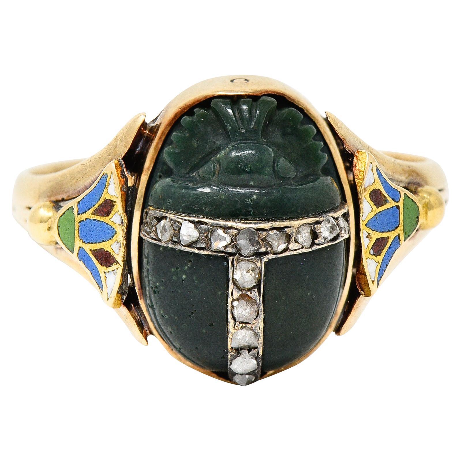 Victorian Egyptian Revival Diamond Enamel Nephrite 14 Karat Gold Scarab Ring