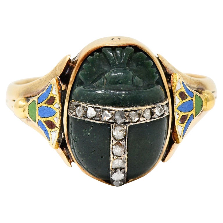 Viktorianische ägyptische Wiedergeburt Diamant-Emaille Nephrit 14 Karat Gold  Skarabäus Ring im Angebot bei 1stDibs