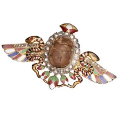 Victorian Egyptian Revival Enamel & Old Cut Diamond 18kt Gold Scarab Brooch