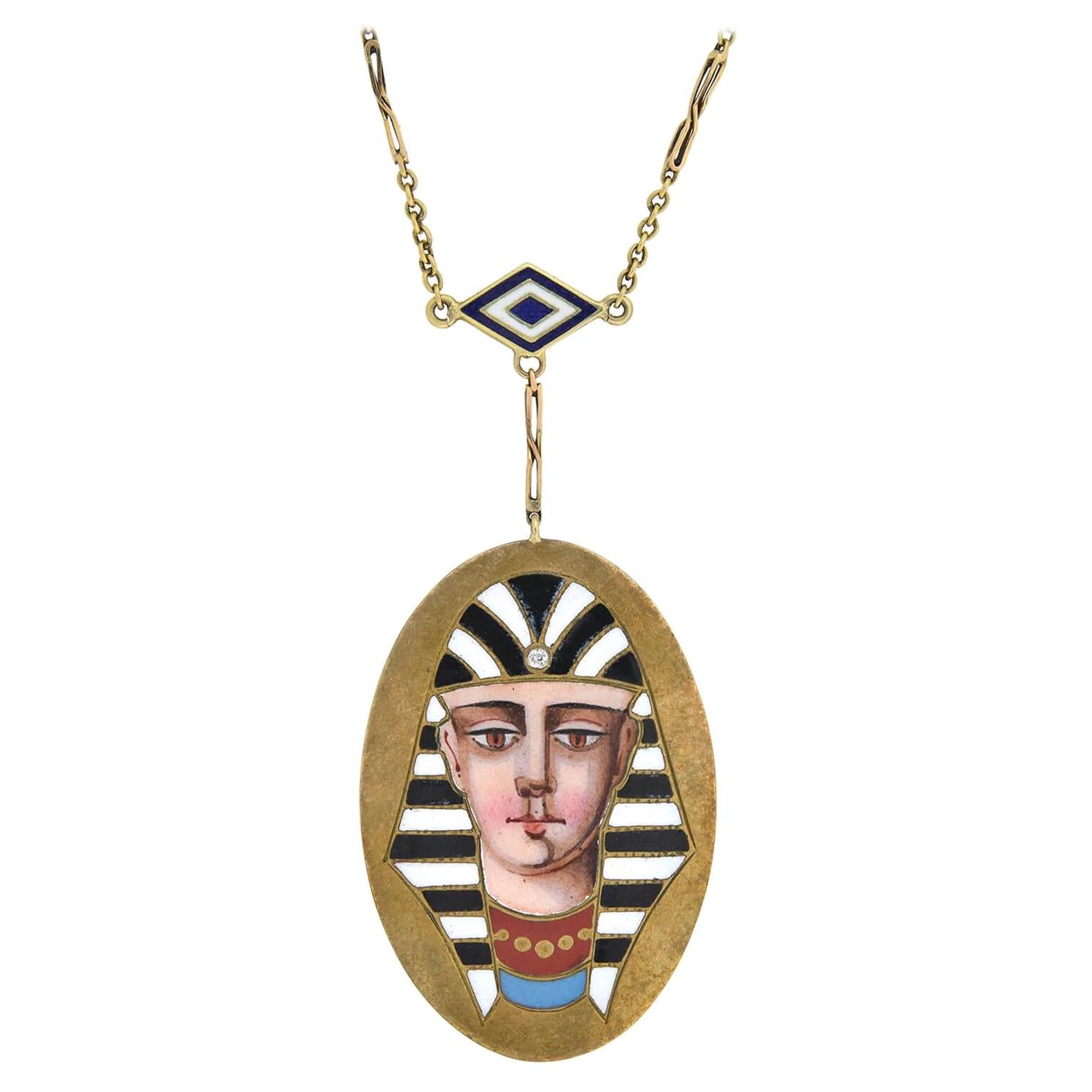Victorian Egyptian Revival Enameled Pharaoh Pendant Necklace For Sale
