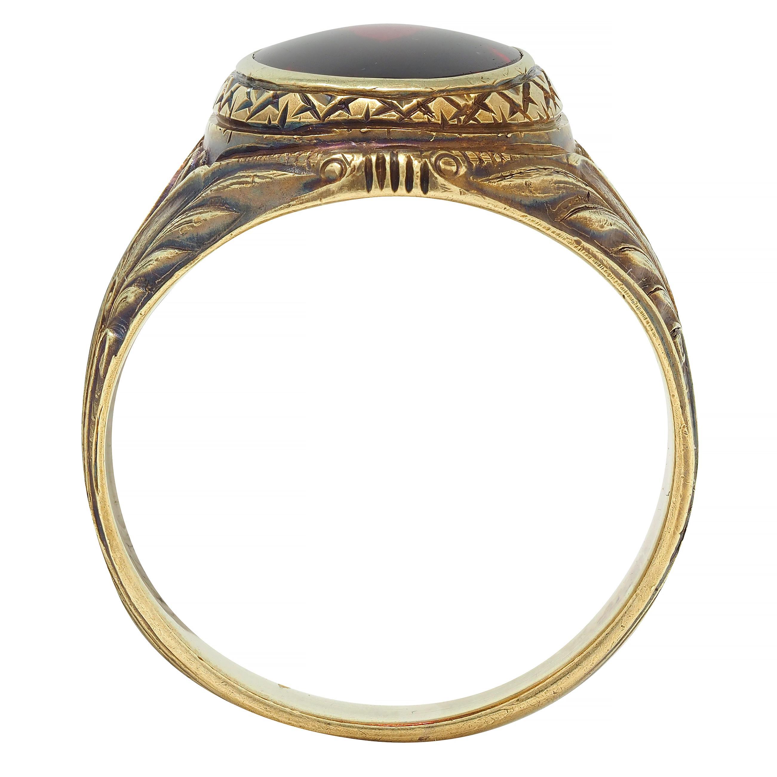 Victorian Egyptian Revival Garnet 14 Karat Yellow Gold Antique Unisex Lotus Ring For Sale 6
