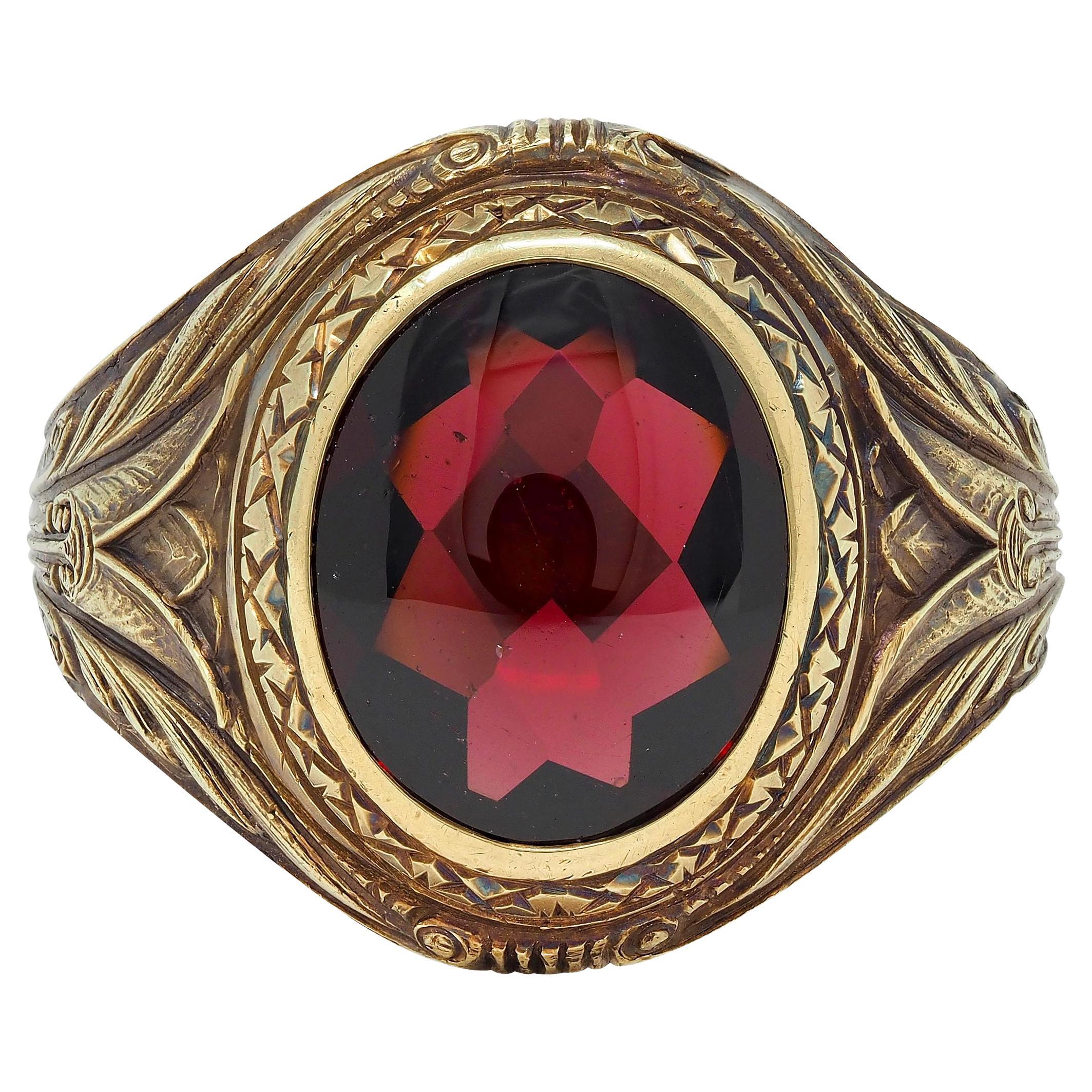 Victorian Egyptian Revival Garnet 14 Karat Yellow Gold Antique Unisex Lotus Ring For Sale