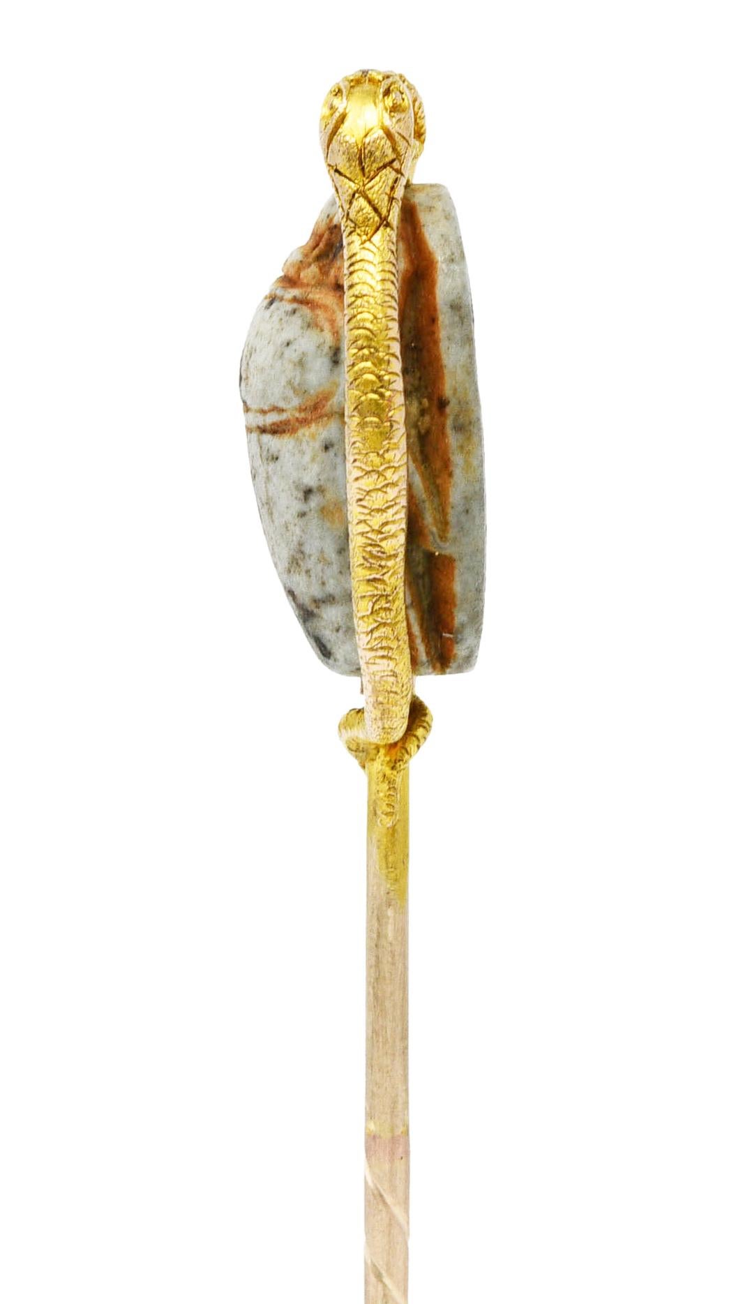 Victorian Egyptian Revival Hardstone 18 Karat Gold Scarab Snake Antique Stickpin In Excellent Condition In Philadelphia, PA