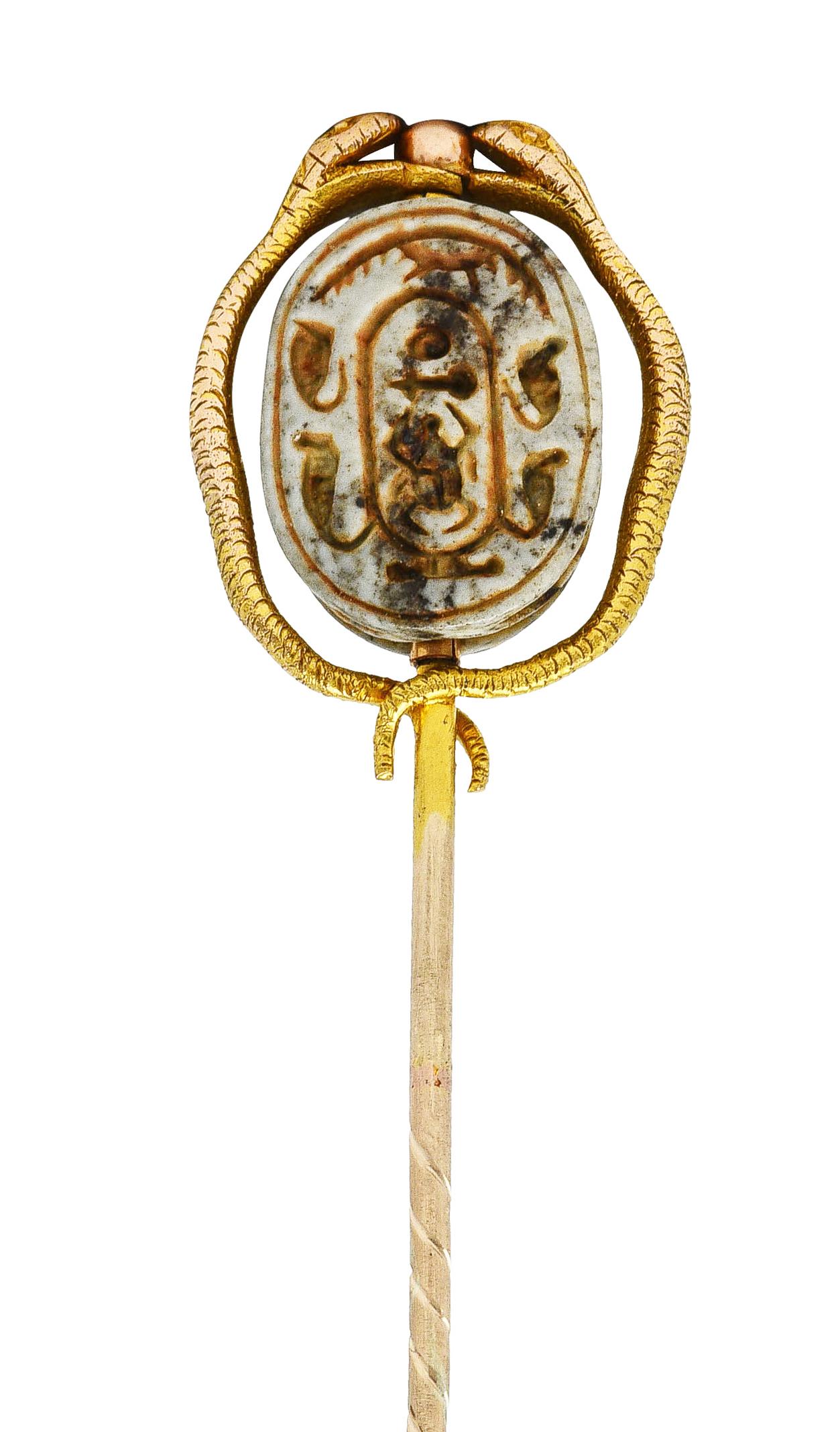 Women's or Men's Victorian Egyptian Revival Hardstone 18 Karat Gold Scarab Snake Antique Stickpin