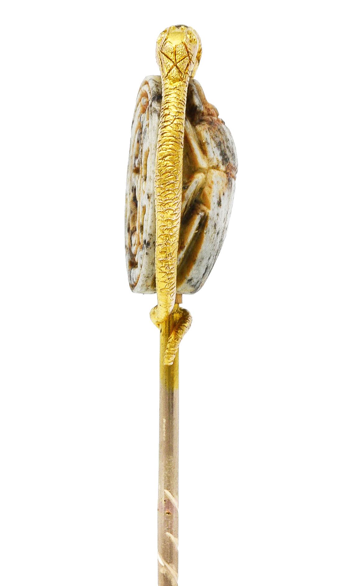 Victorian Egyptian Revival Hardstone 18 Karat Gold Scarab Snake Antique Stickpin 1