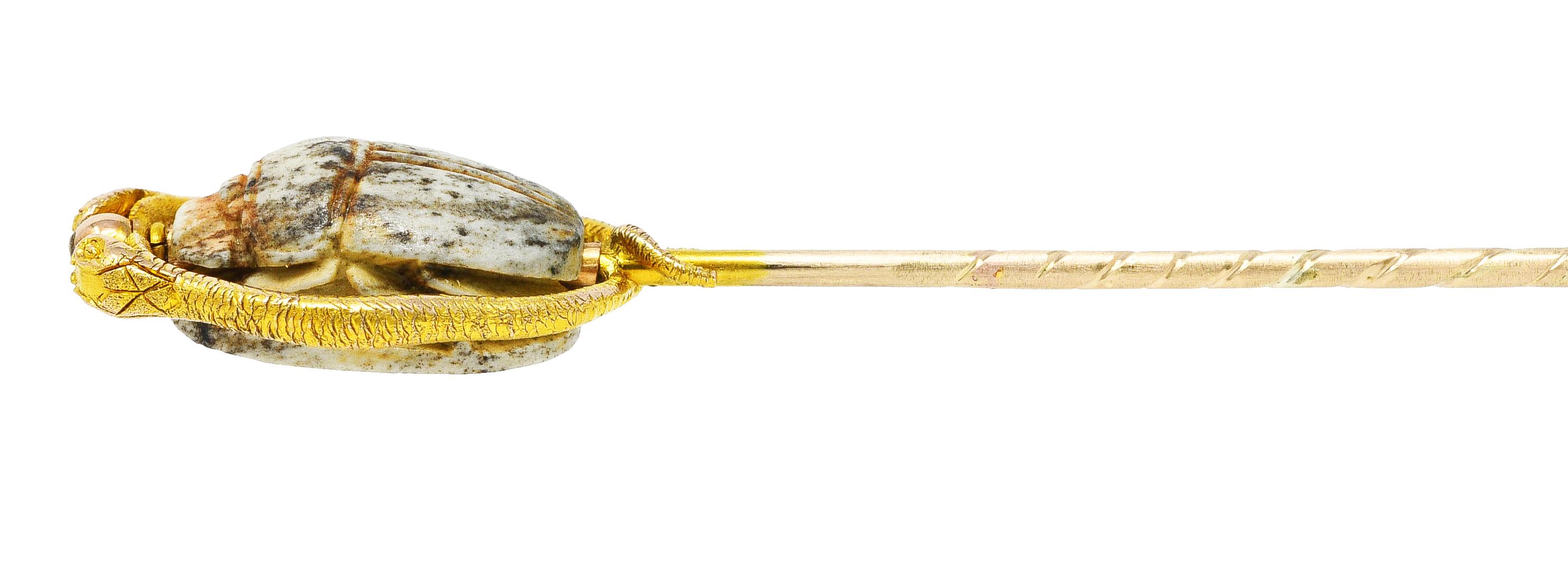 Victorian Egyptian Revival Hardstone 18 Karat Gold Scarab Snake Antique Stickpin 5