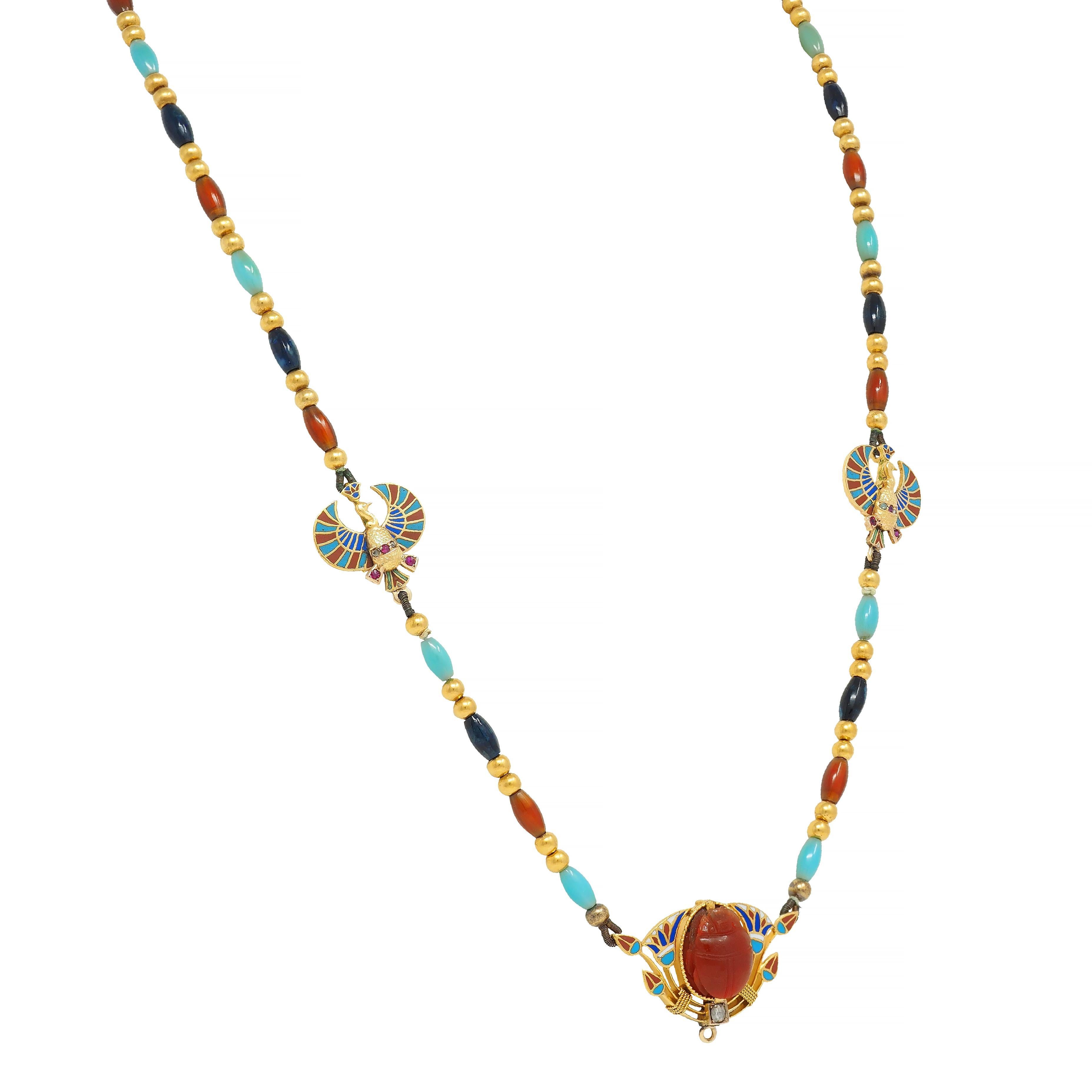 Victorian Egyptian Revival Multi-Gem Enamel 18 Karat Yellow Gold Beaded Necklace In Excellent Condition For Sale In Philadelphia, PA