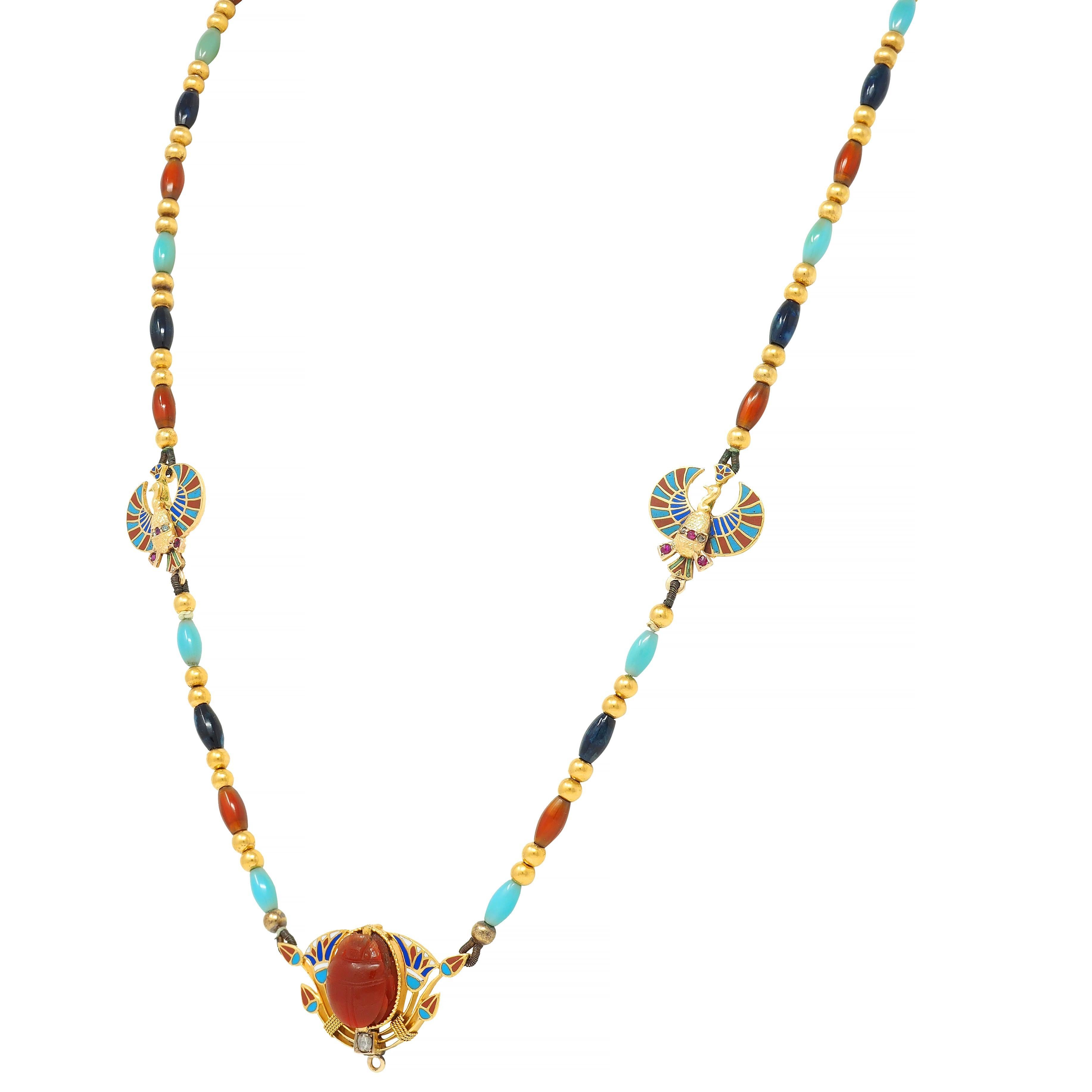Women's or Men's Victorian Egyptian Revival Multi-Gem Enamel 18 Karat Yellow Gold Beaded Necklace For Sale