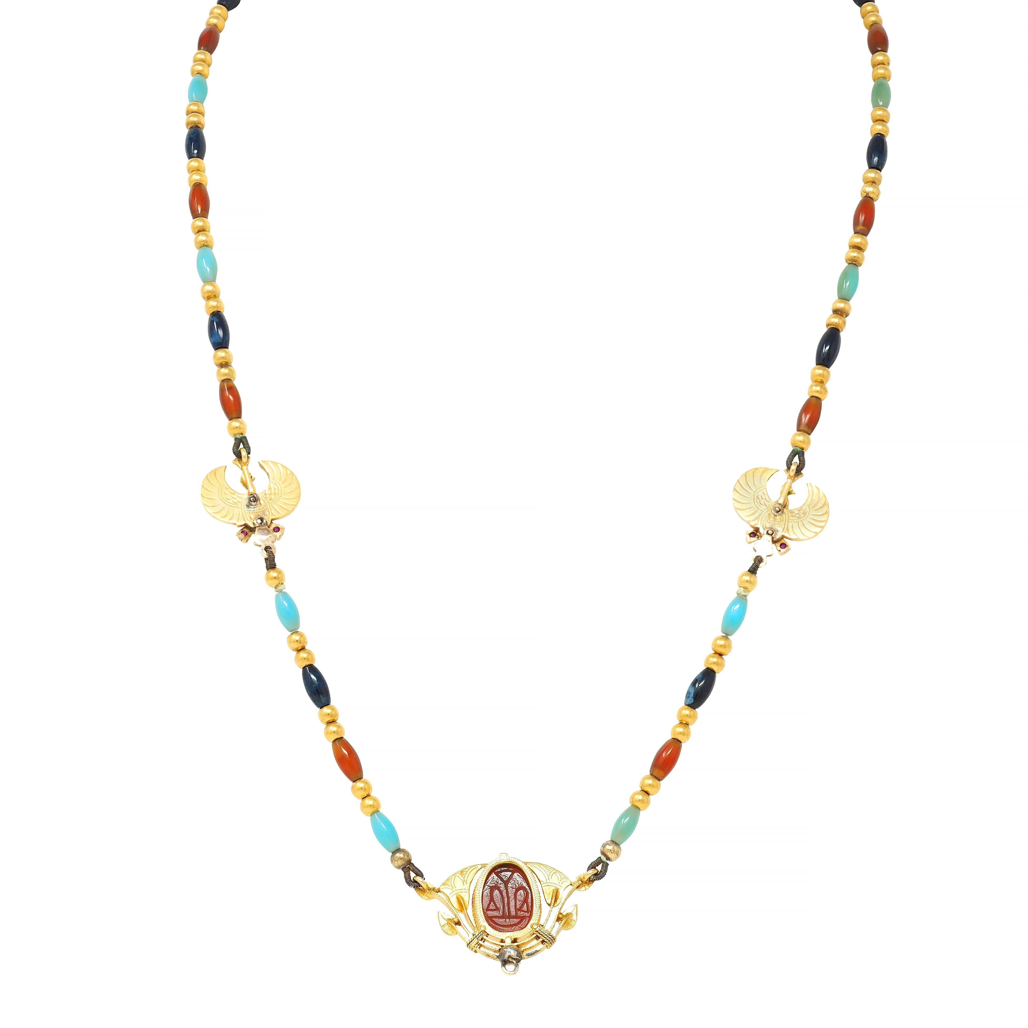 Victorian Egyptian Revival Multi-Gem Enamel 18 Karat Yellow Gold Beaded Necklace For Sale 1