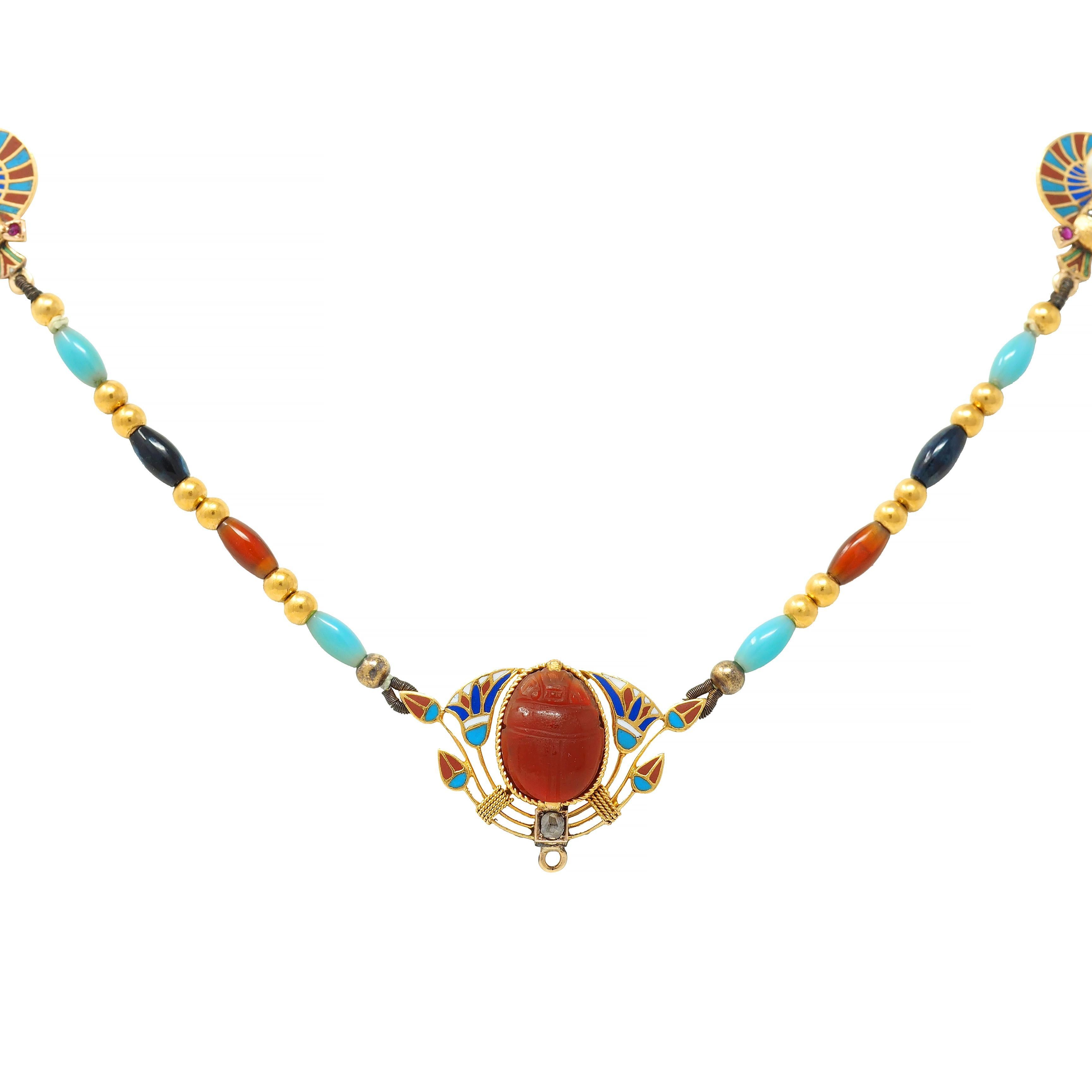 Victorian Egyptian Revival Multi-Gem Enamel 18 Karat Yellow Gold Beaded Necklace For Sale 2