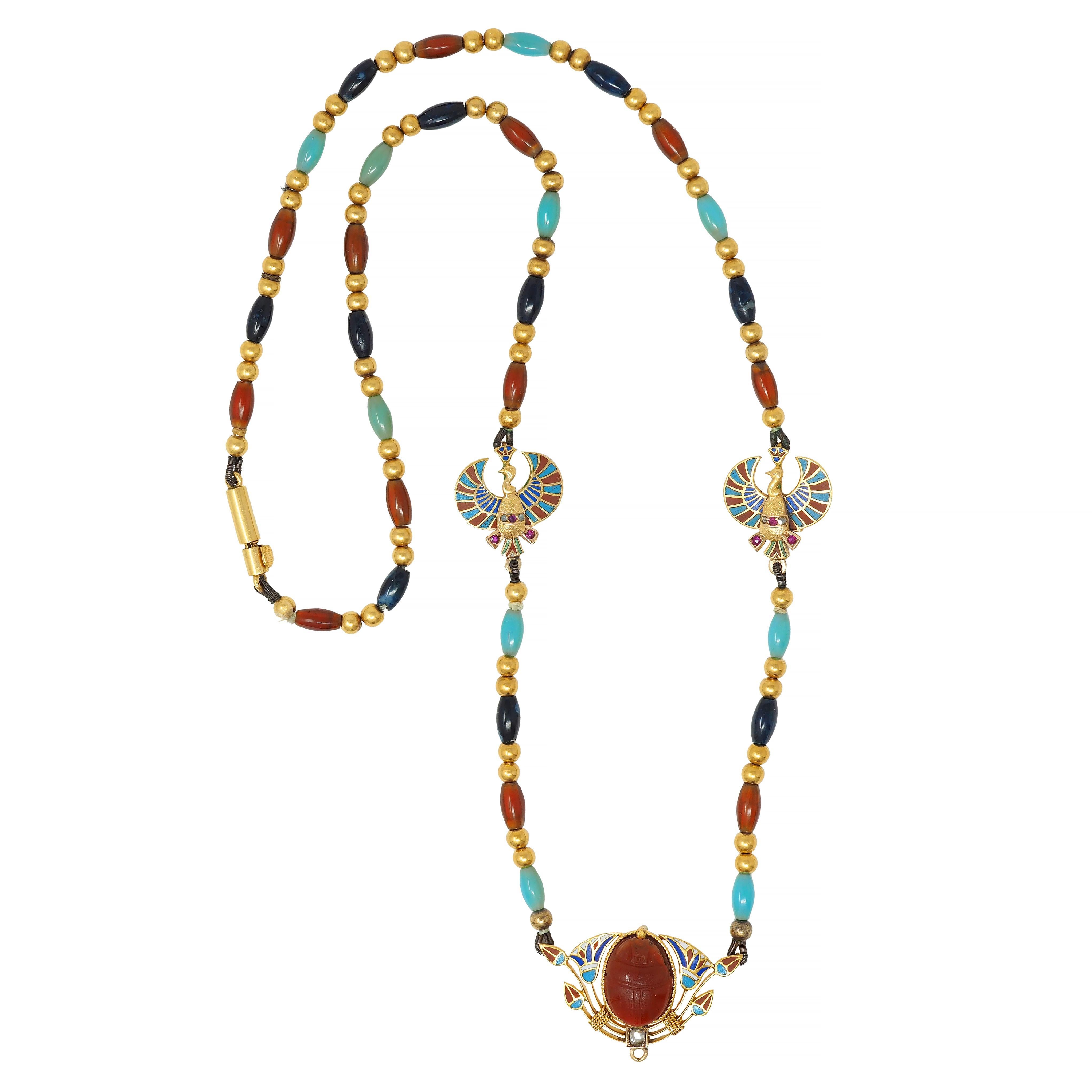 Victorian Egyptian Revival Multi-Gem Enamel 18 Karat Yellow Gold Beaded Necklace For Sale 3