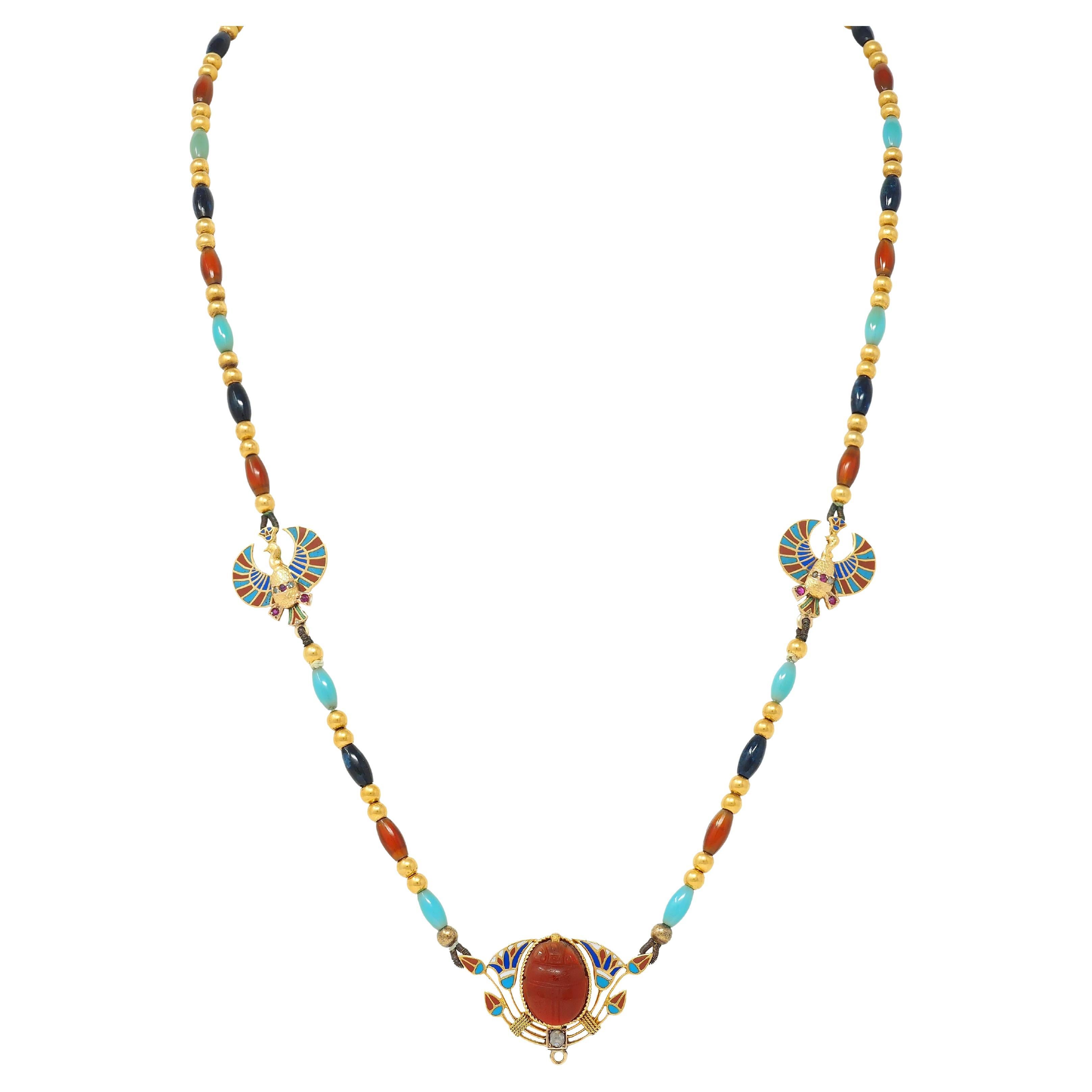 Victorian Egyptian Revival Multi-Gem Enamel 18 Karat Yellow Gold Beaded Necklace For Sale